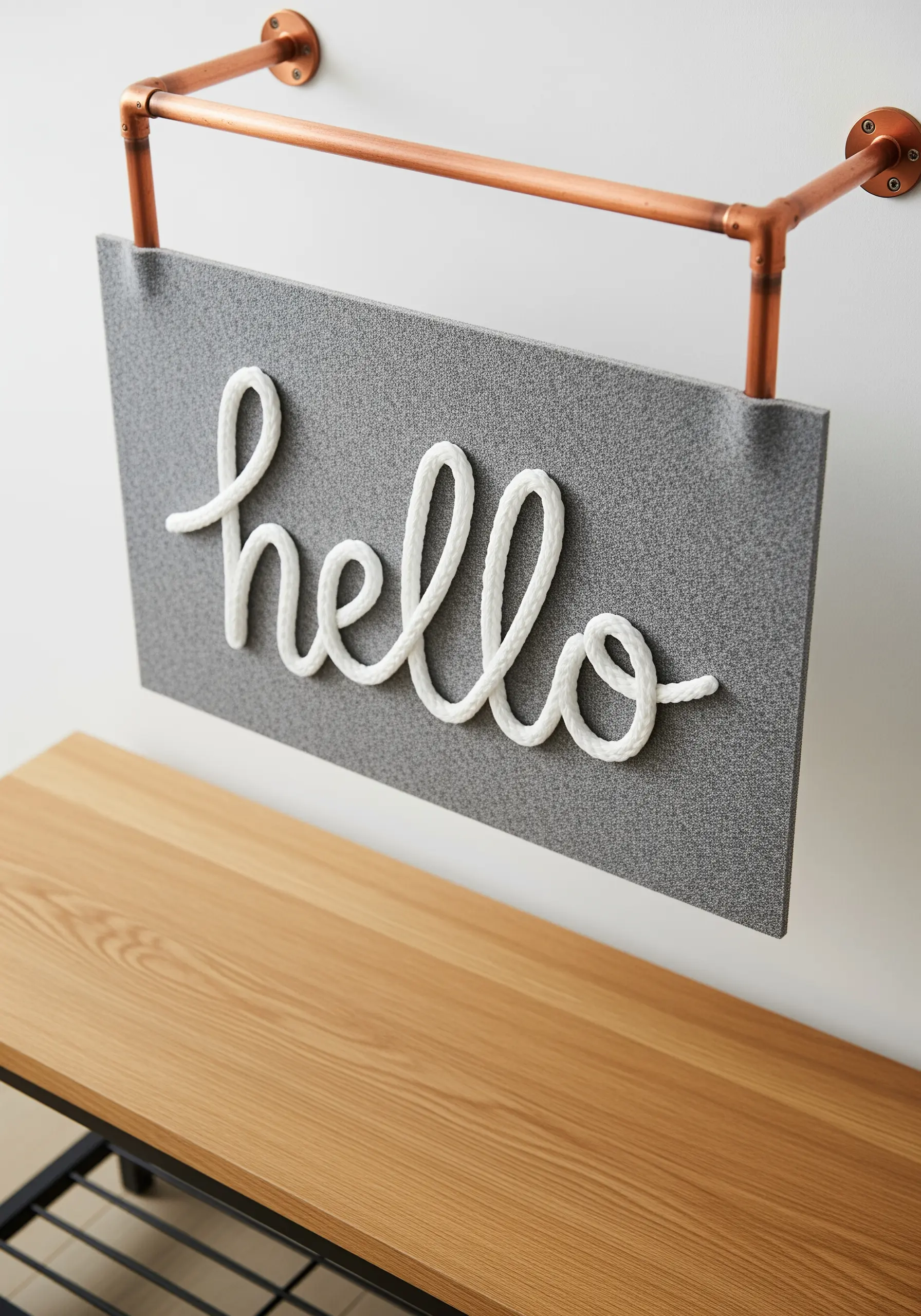 The word 'hello' written in thick white rope couched onto a grey fabric panel.