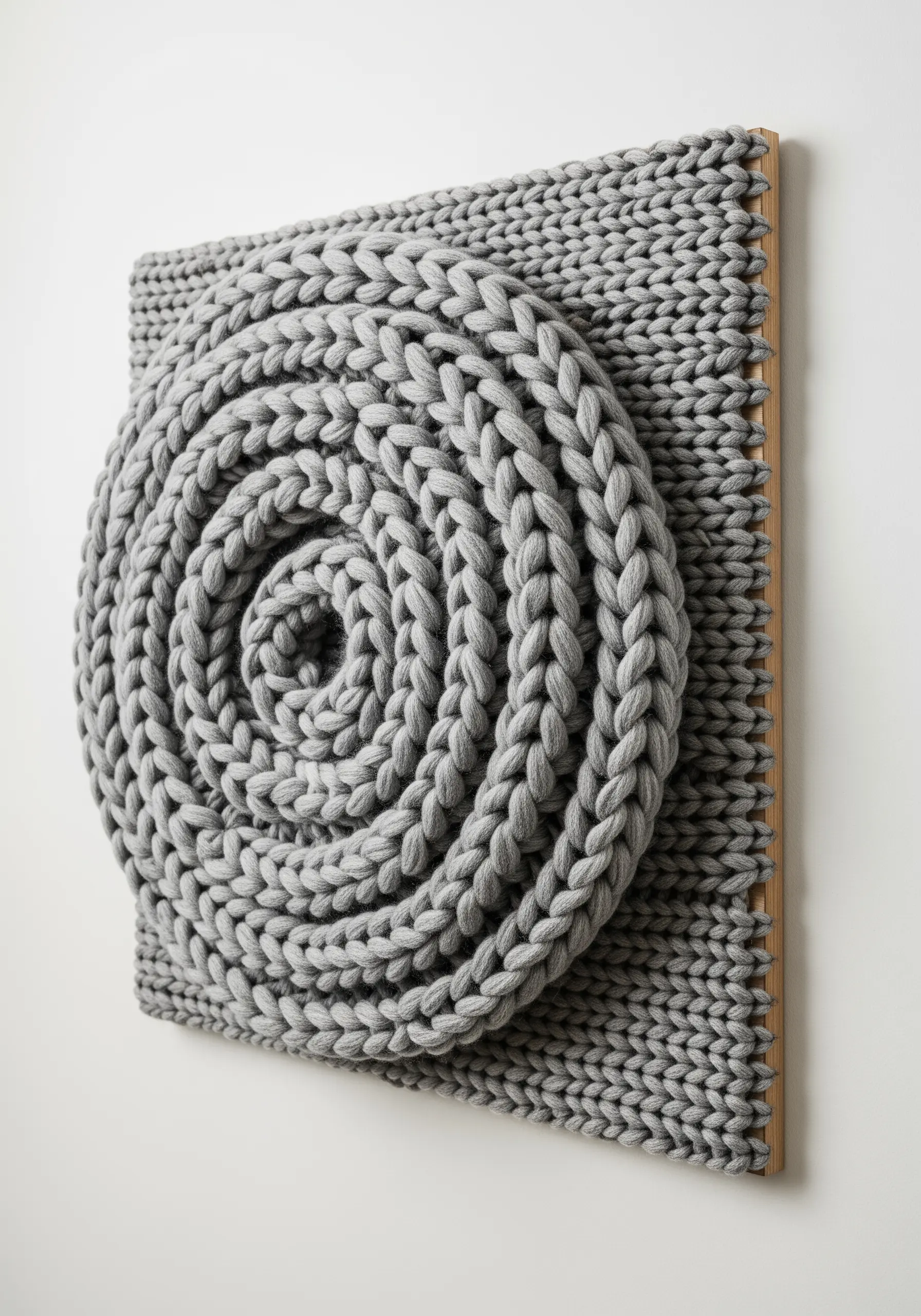 A three-dimensional wall art piece featuring a spiral of giant grey knitted yarn.