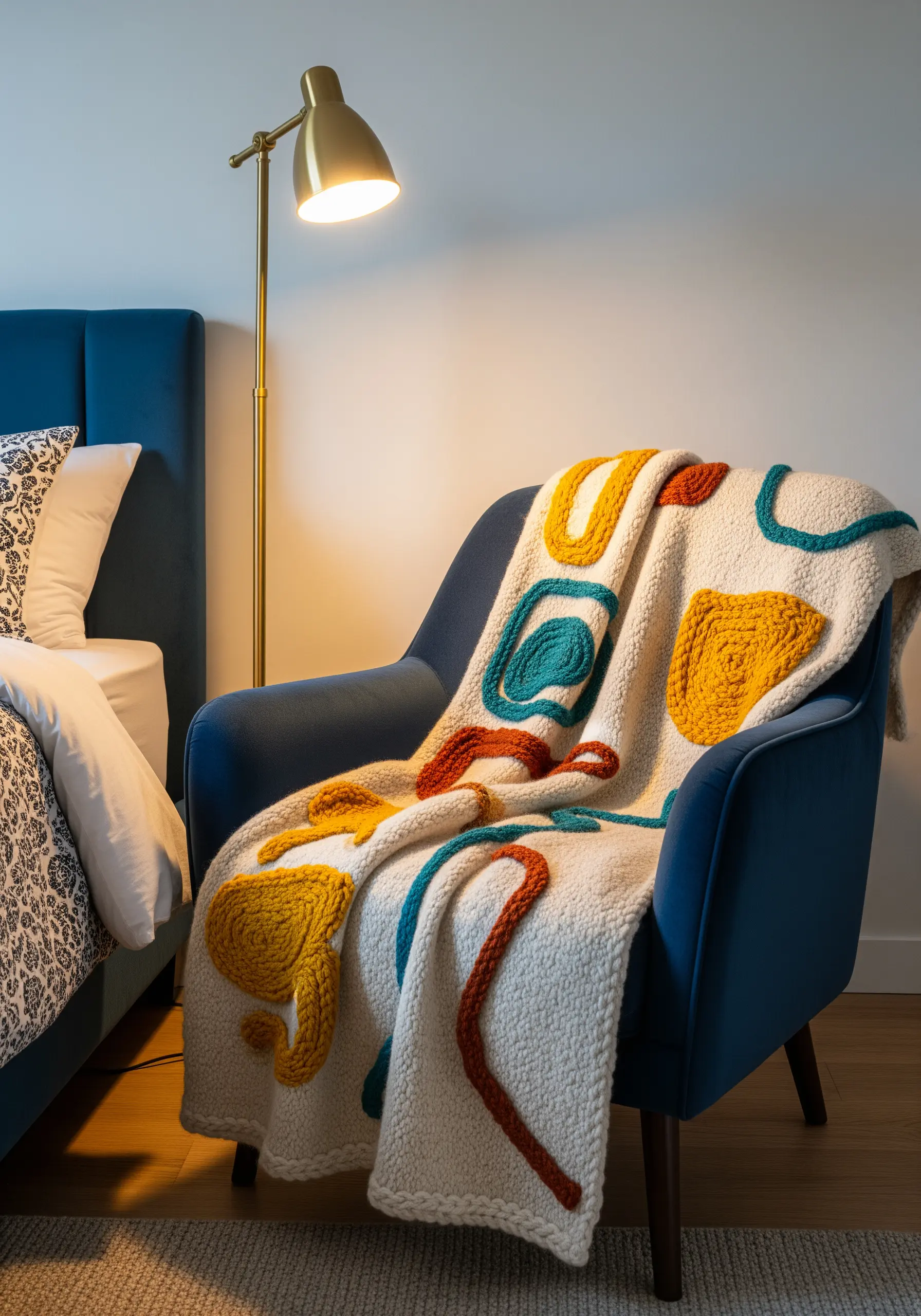A close-up of a cream-colored blanket with raised, abstract shapes in teal, rust, and yellow.