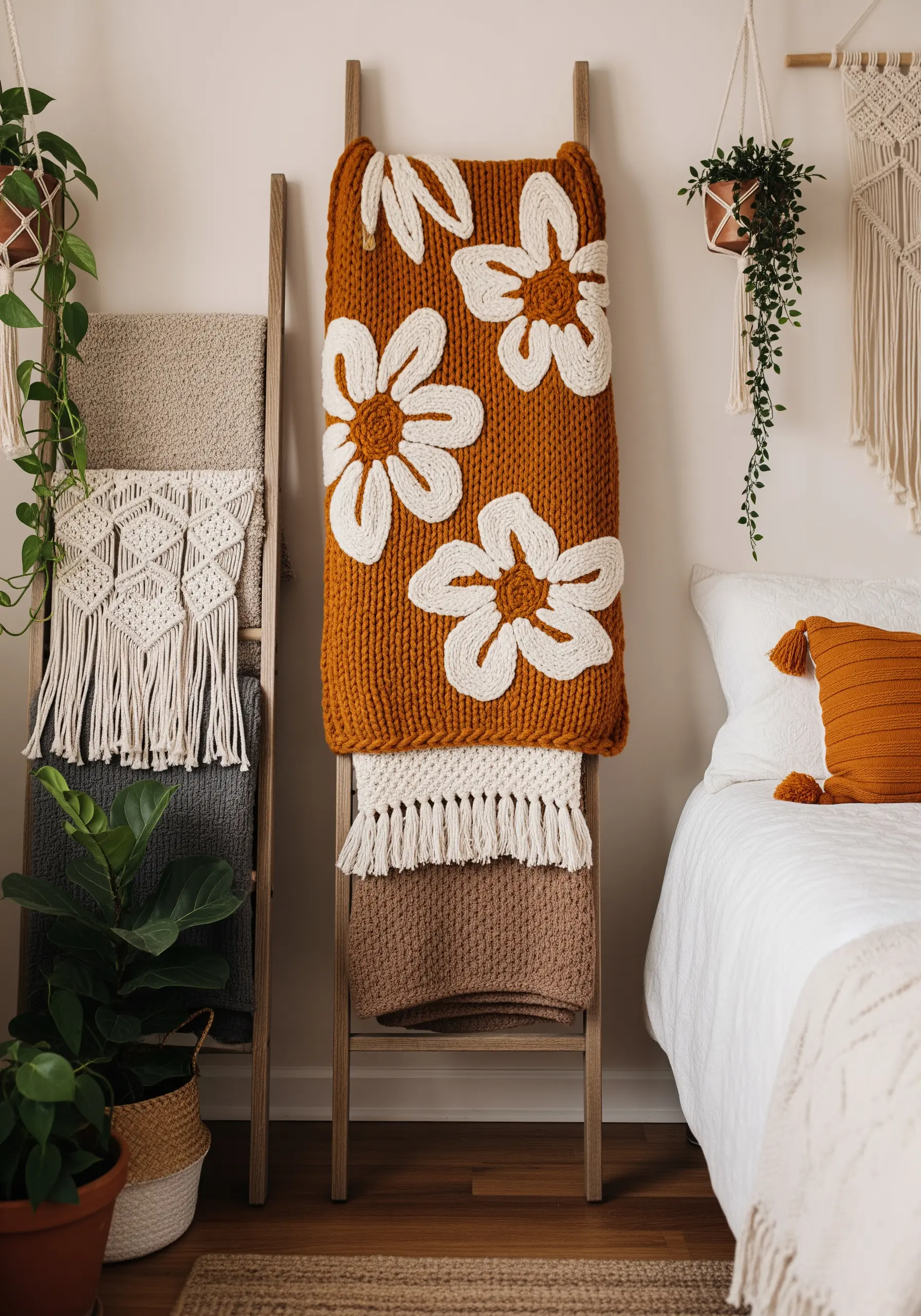 Chunky knit throw blanket with large, raised white floral appliqué.