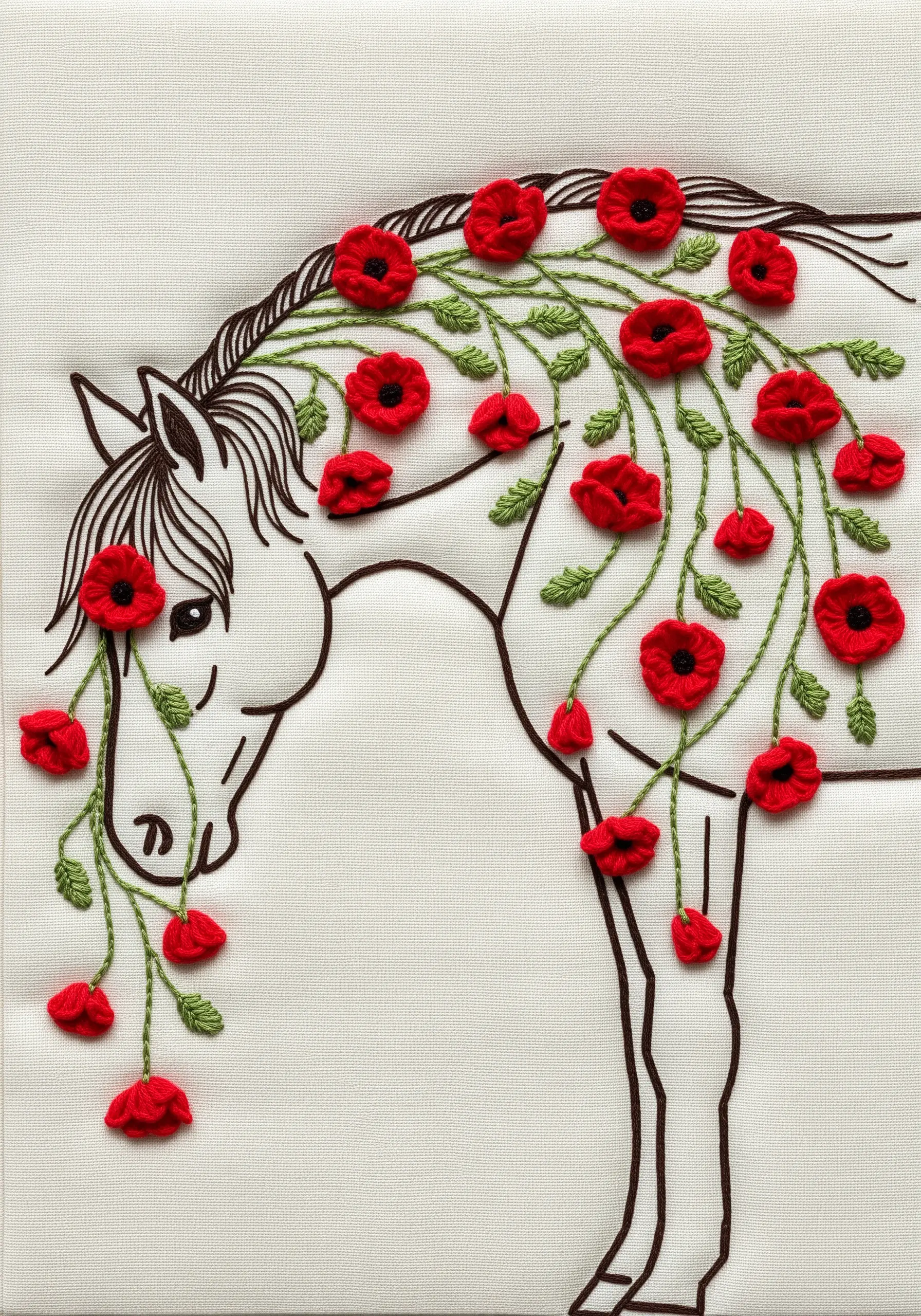 Minimalist line art horse decorated with three-dimensional red poppy flowers.