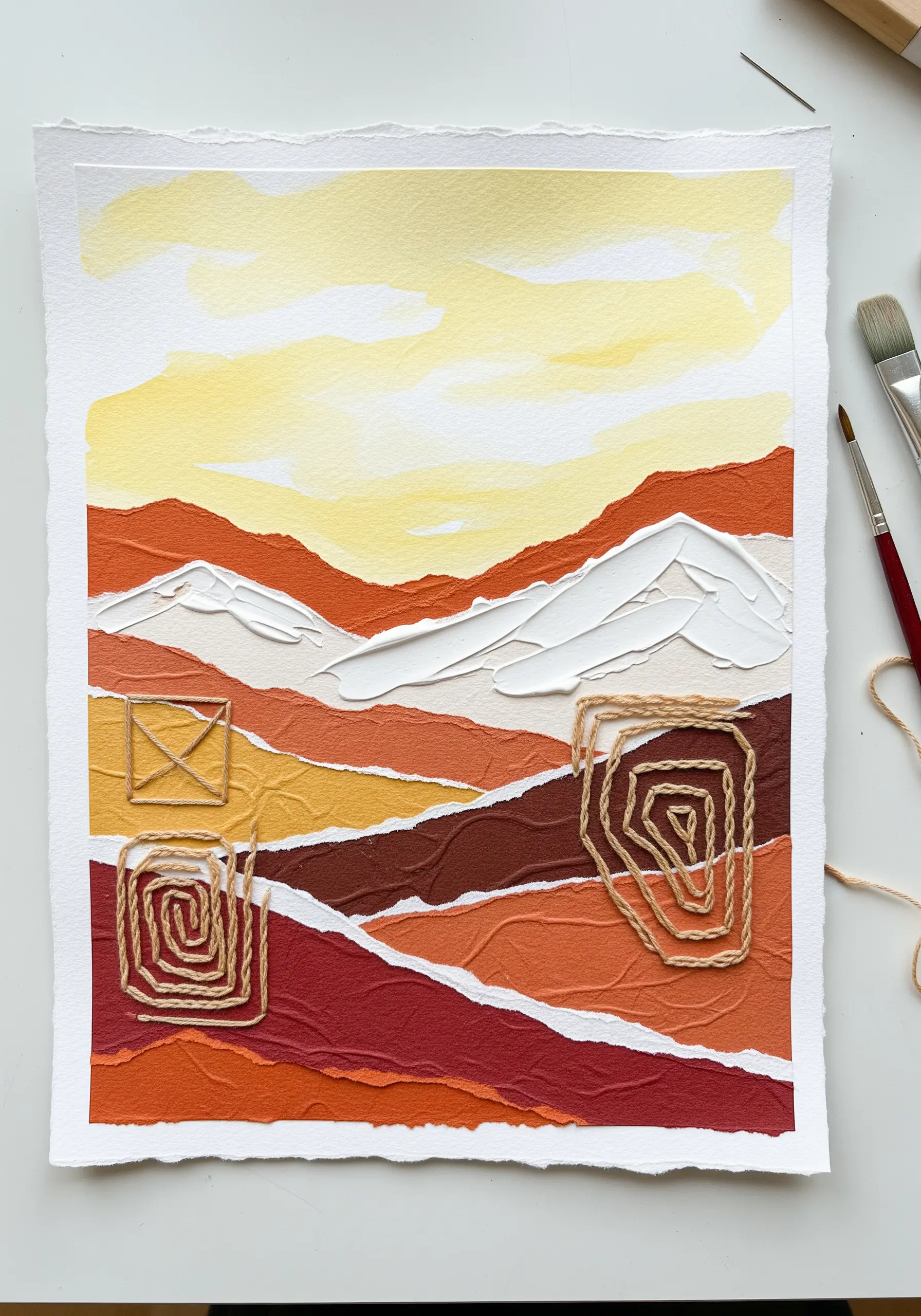 Abstract landscape collage with couched jute cord creating spiral and geometric shapes.