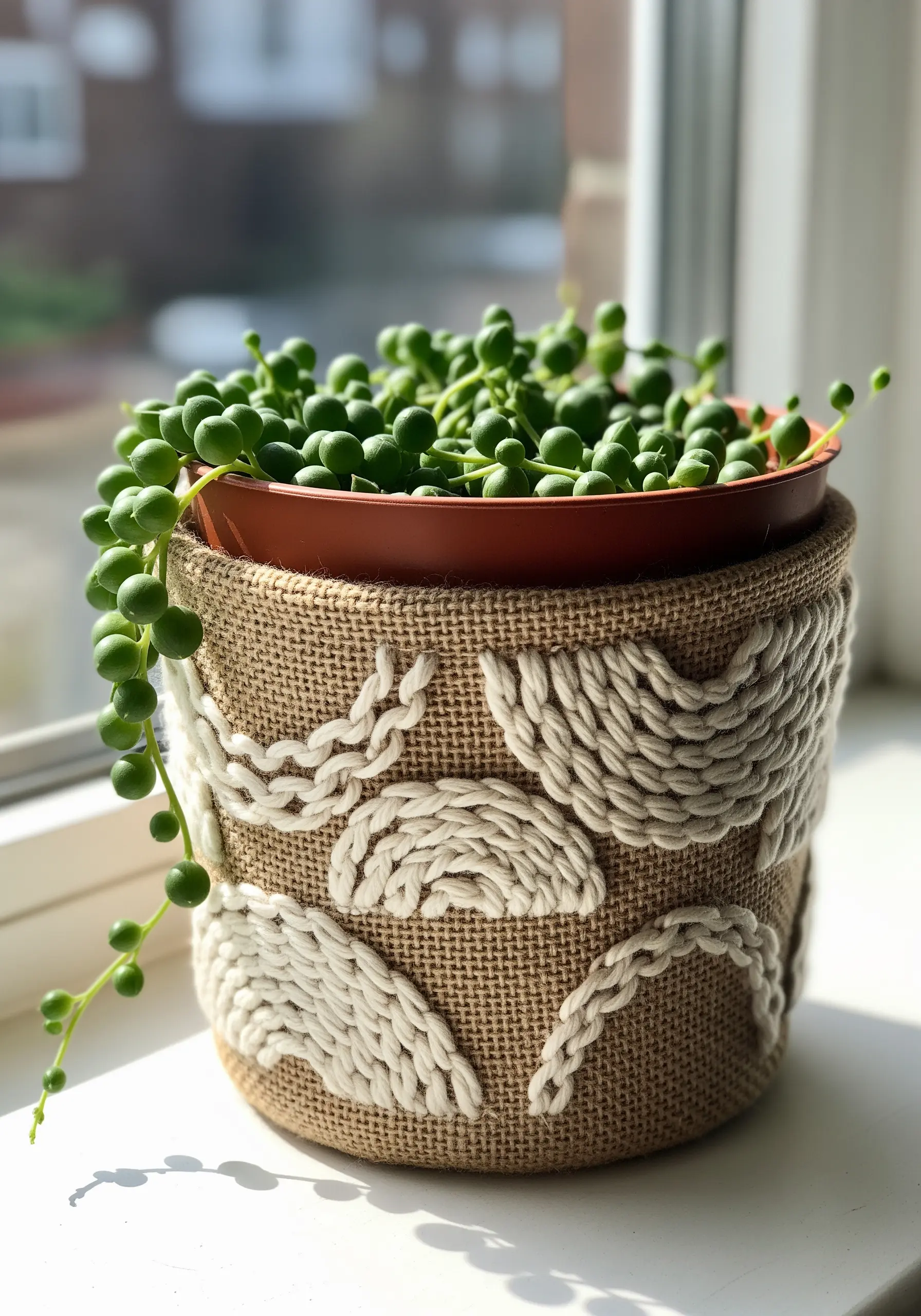 A burlap planter cover decorated with thick, chunky white yarn in an abstract pattern.