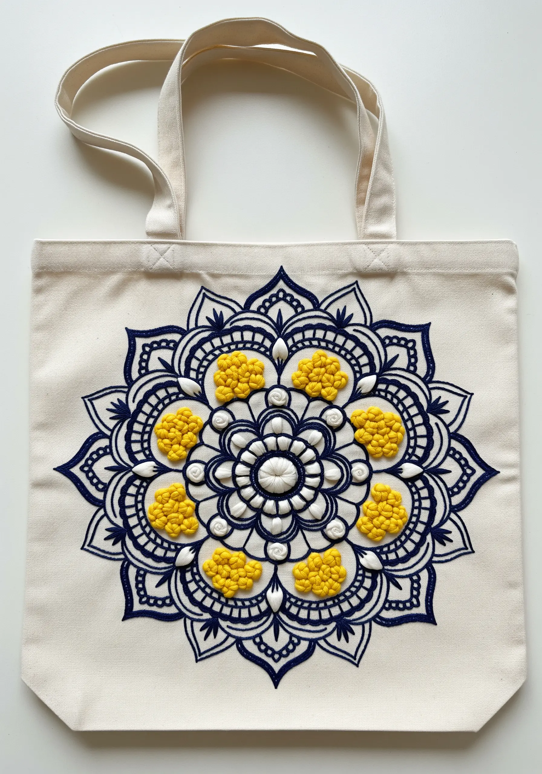 A printed mandala design on a tote bag with sections filled in with yellow French knots.