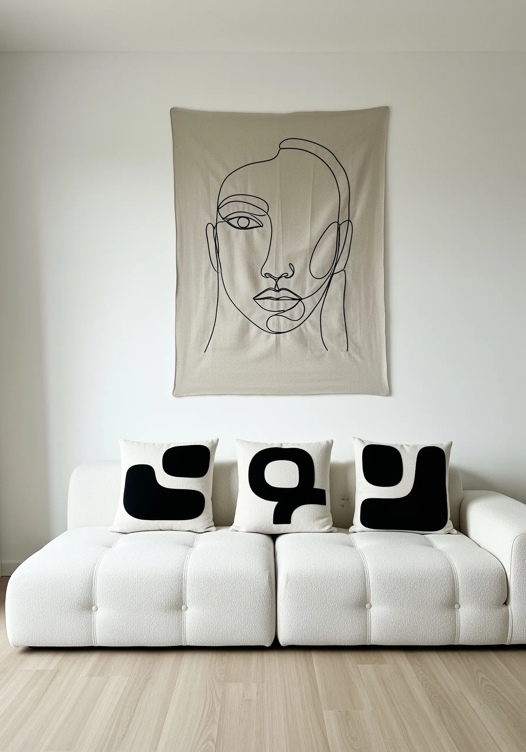 A large canvas wall hanging with a minimalist, one-line portrait of a face.