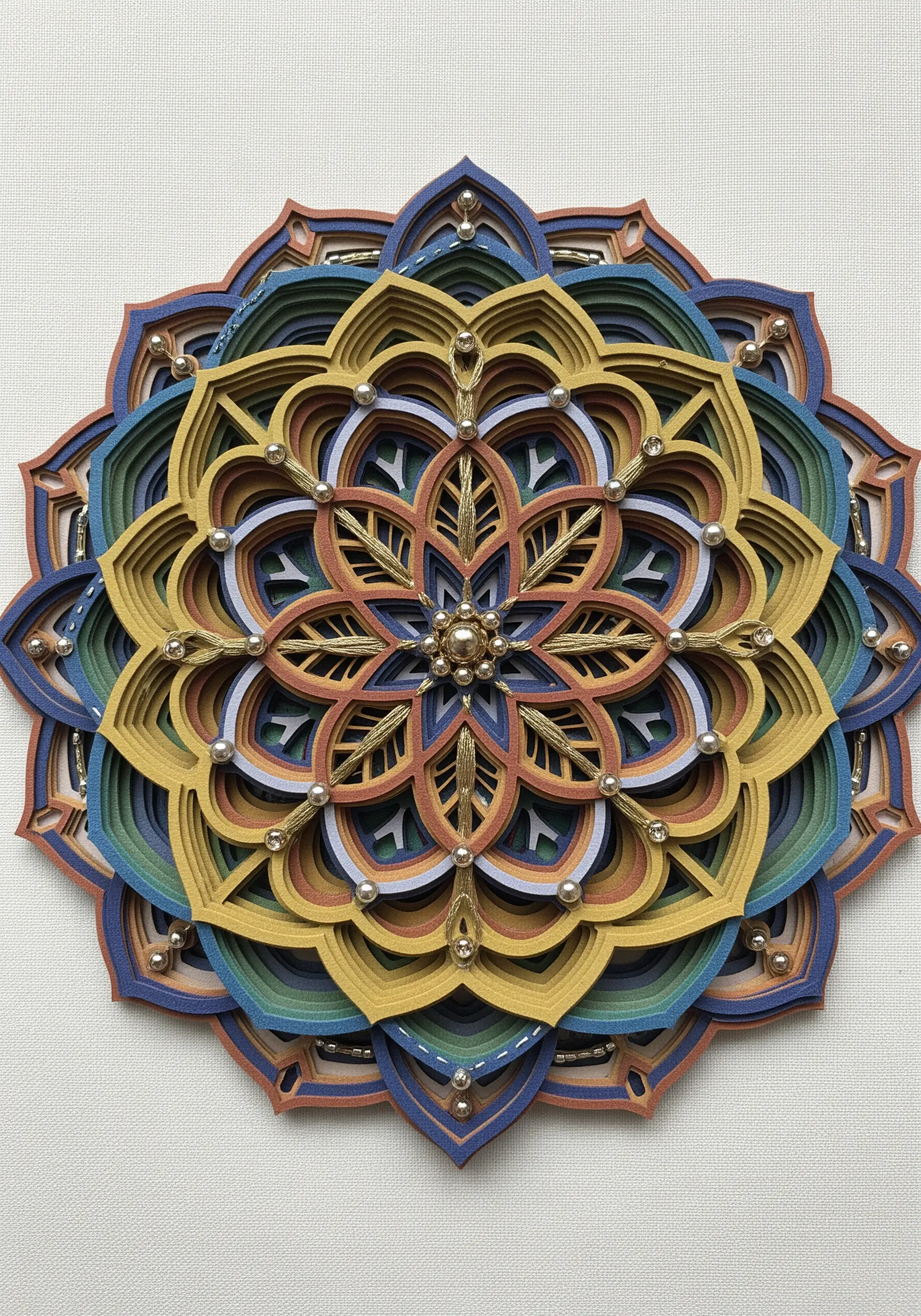 A complex, multi-colored layered paper mandala detailed with gold thread and small pearl beads.