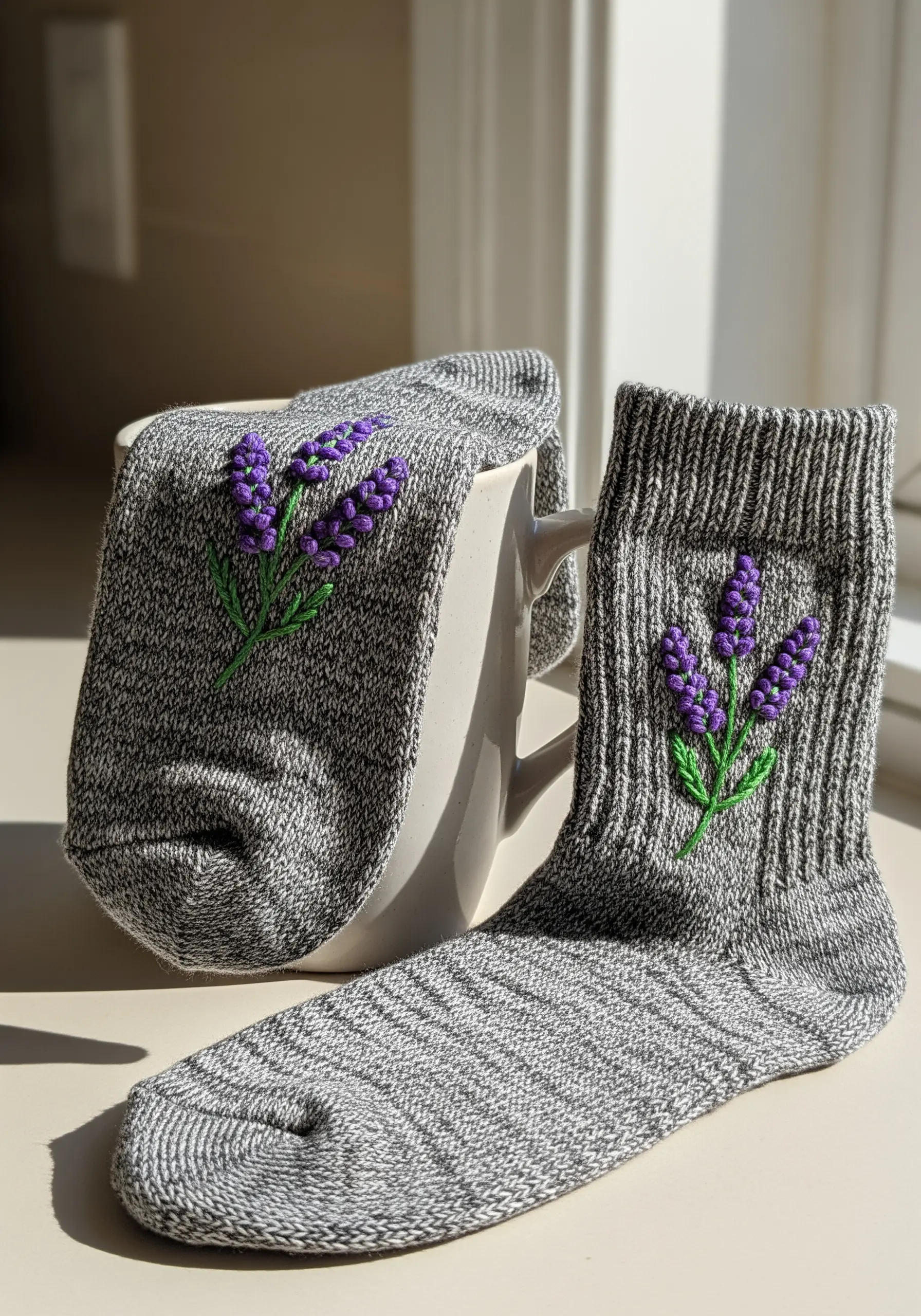 Sprigs of lavender embroidered onto the cuffs of cozy gray knit socks.