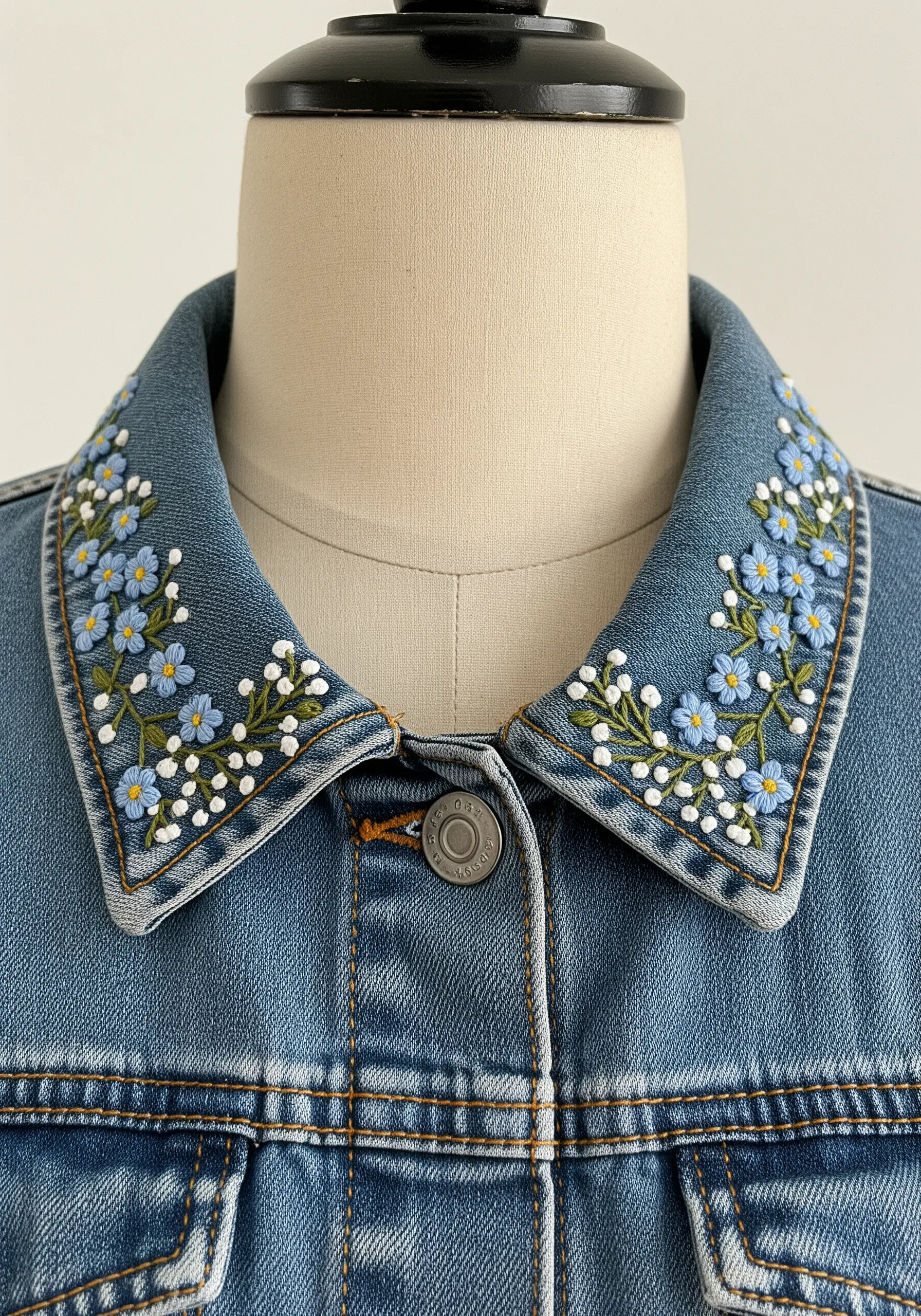 Dainty blue forget-me-nots with white French knots embroidered on a denim jacket collar.