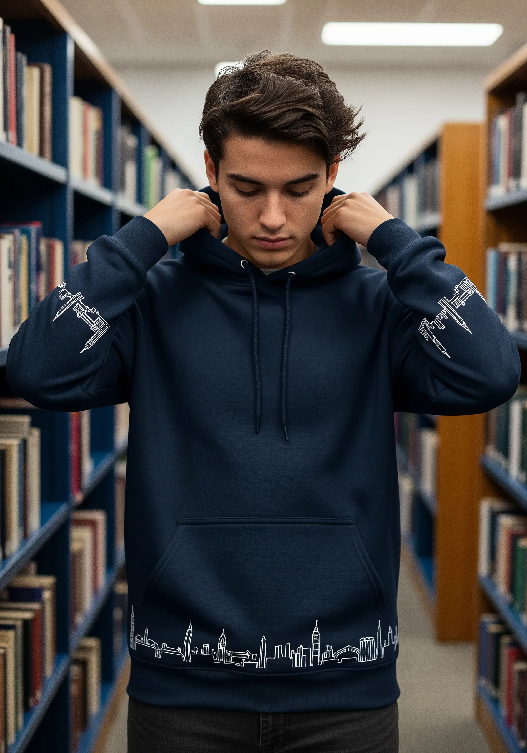 Minimalist white-line embroidery of a city skyline on the cuffs and hem of a navy hoodie.