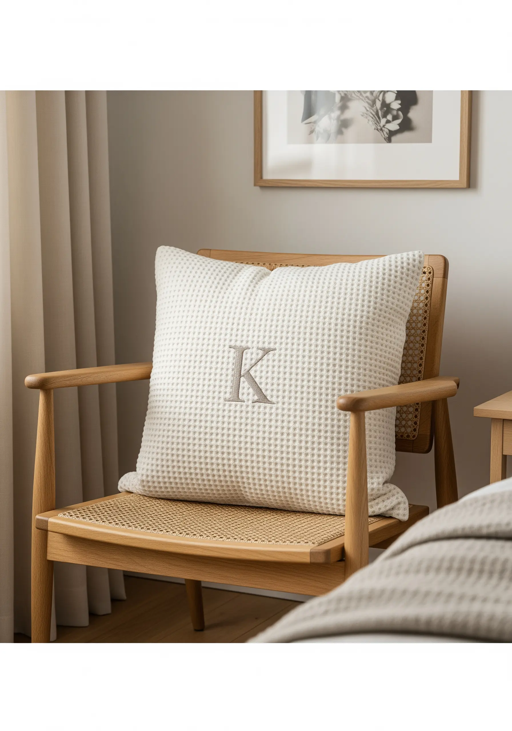 A single gray serif initial 'K' embroidered on a cream-colored waffle weave cushion.