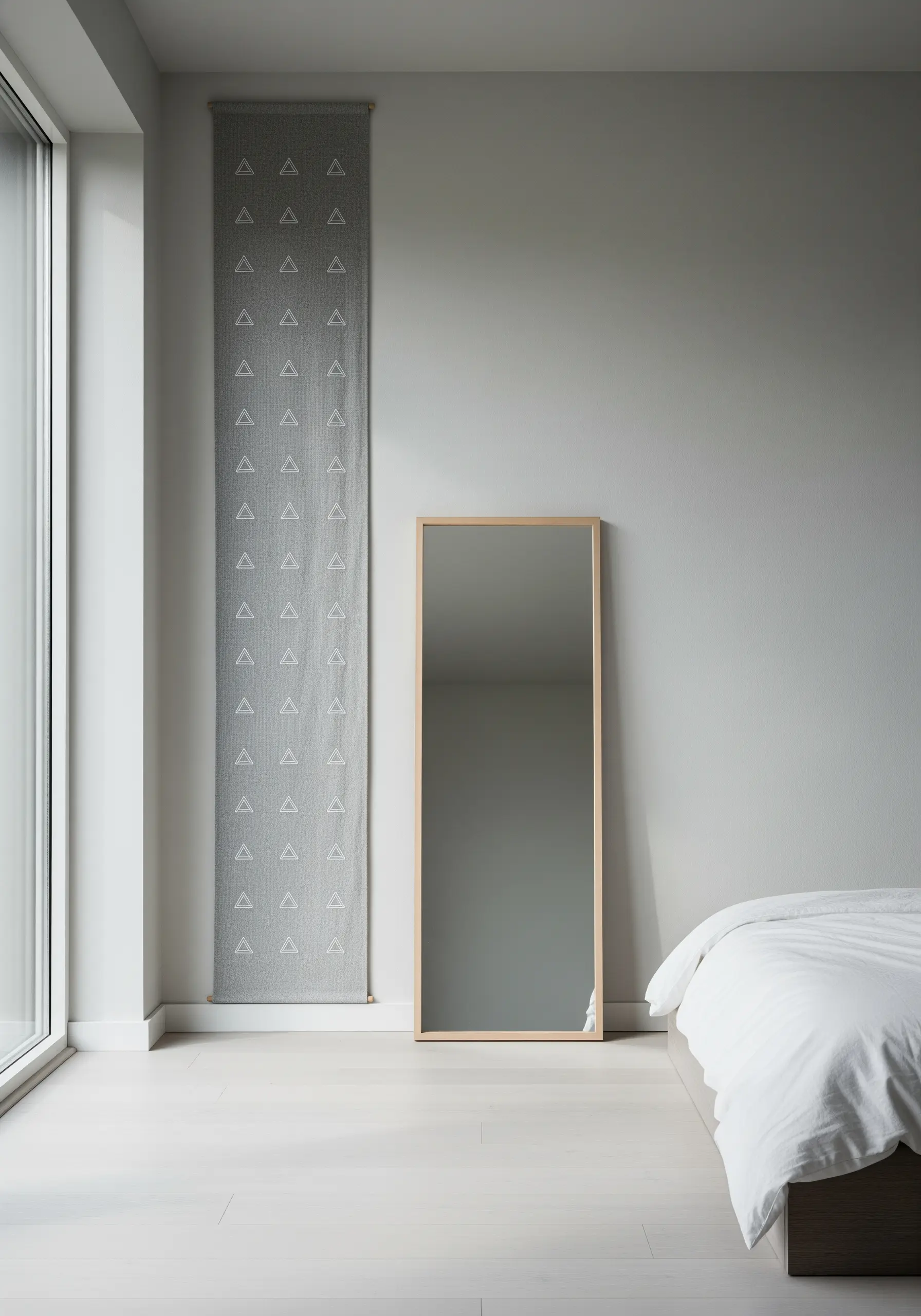 A tall, narrow grey wall hanging with a repeating pattern of small white embroidered triangles.