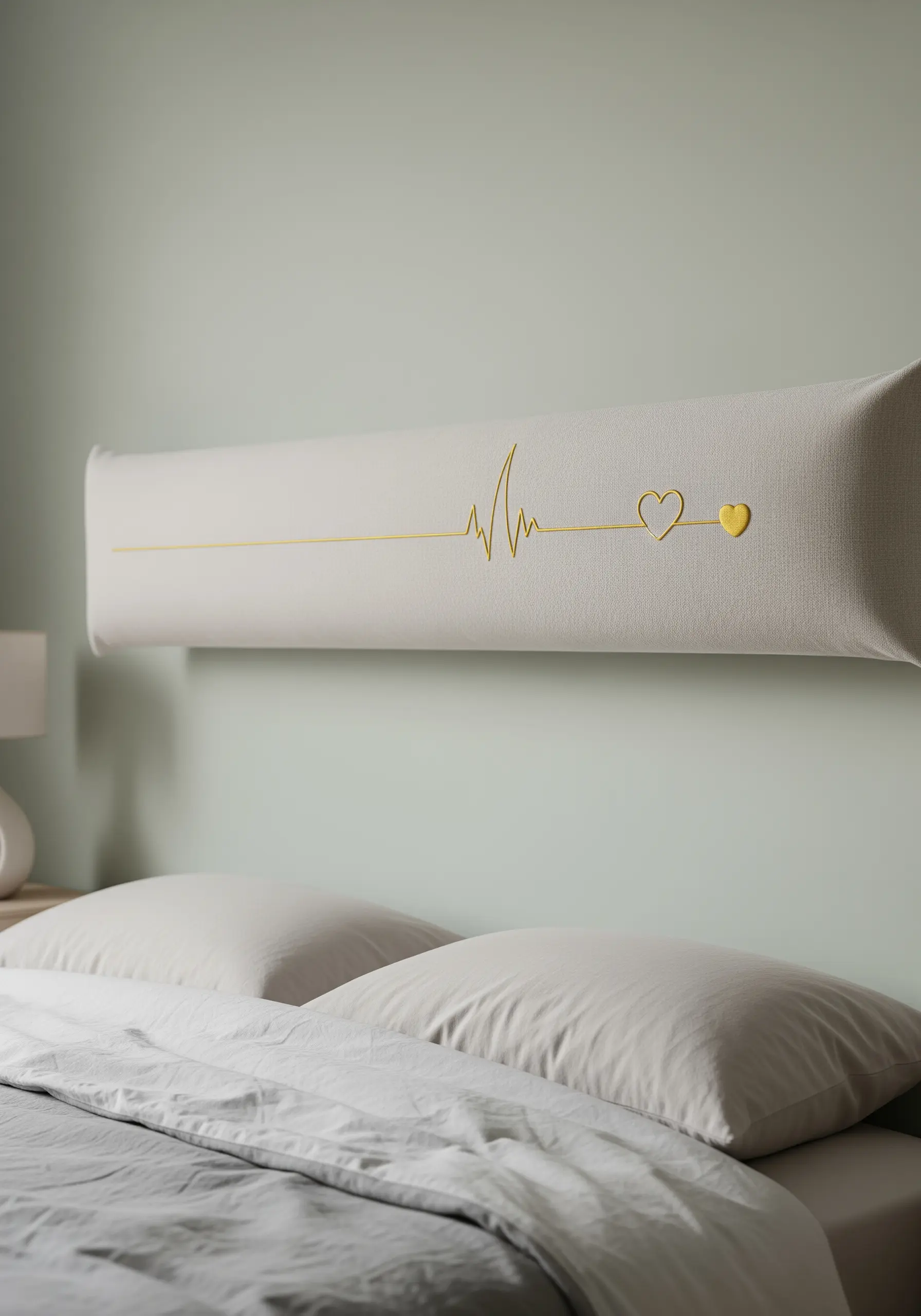 A neutral upholstered headboard with a minimal gold embroidered heartbeat line and a small raised heart.