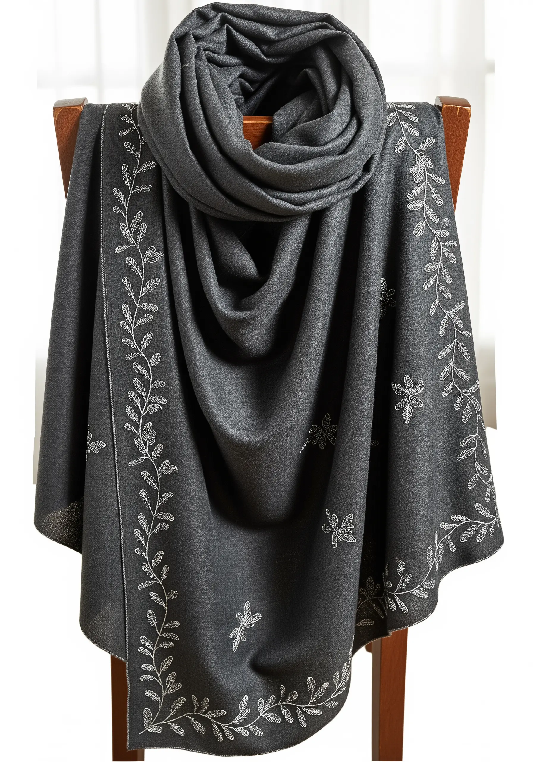 Dark gray scarf with a delicate, tonal border of leaves and dragonflies in light gray.