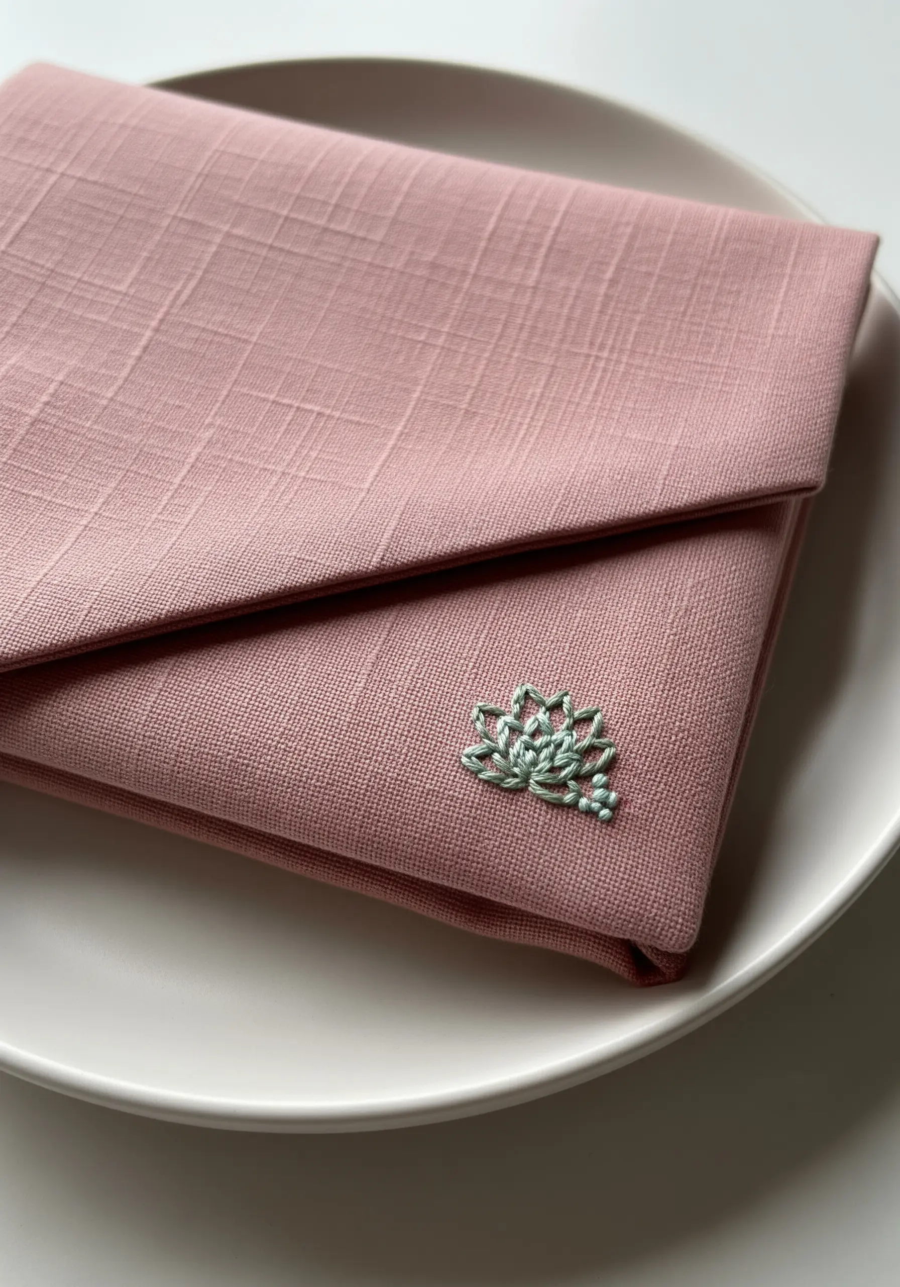 A small, tone-on-tone lotus flower embroidered on the corner of a pink linen napkin.