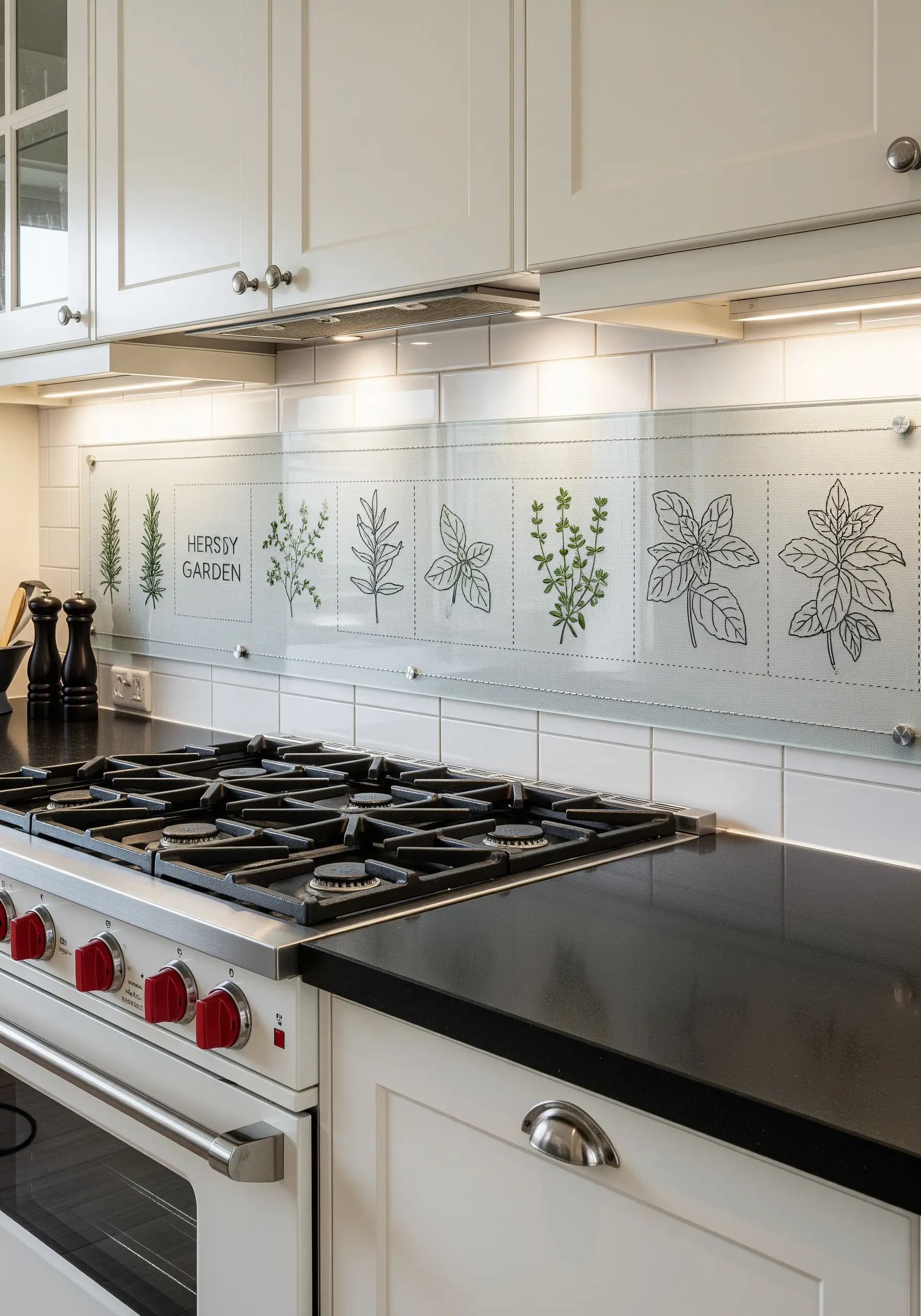 Minimalist line art embroidery of kitchen herbs displayed behind a glass backsplash.