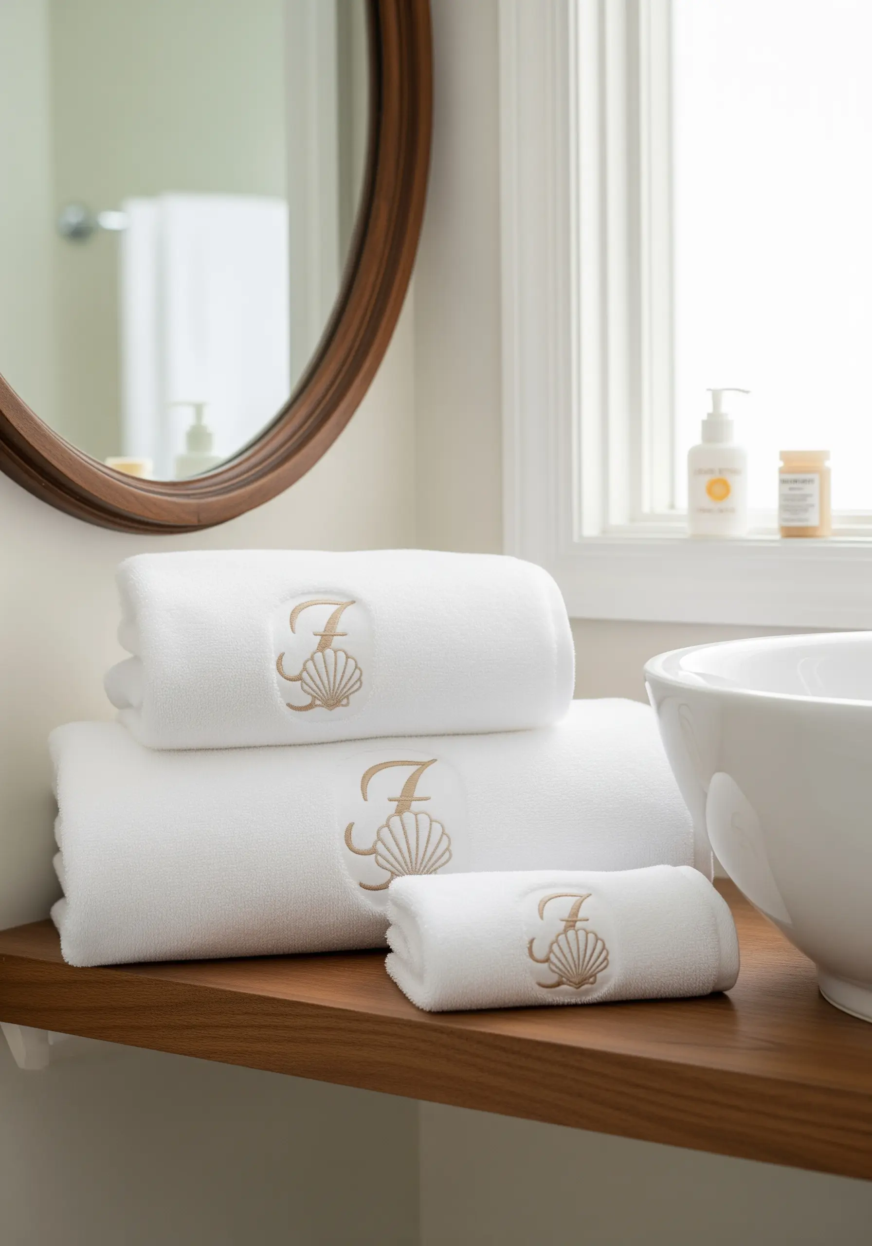 Elegant gold monogram embroidered on plush white towels in a bathroom.