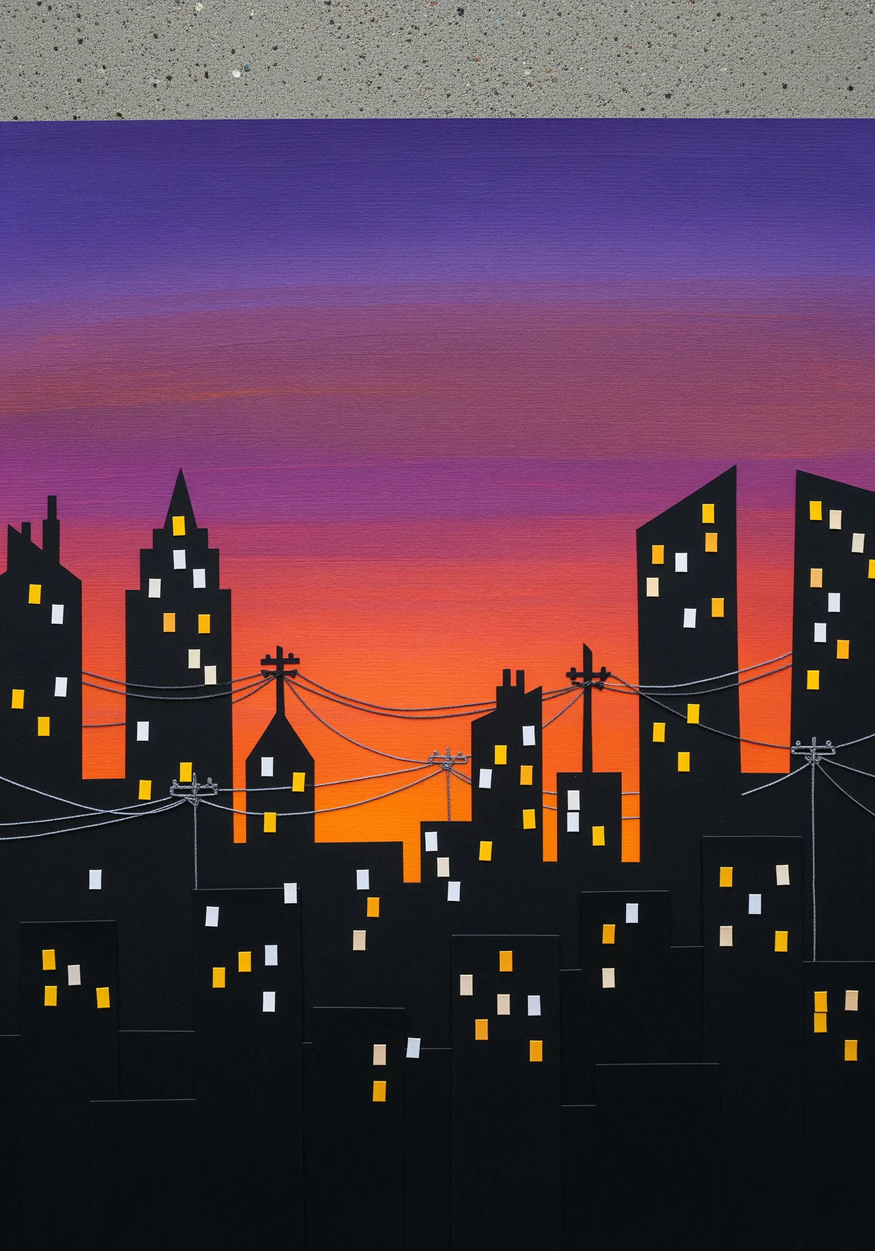 A paper collage of a city skyline at sunset with thin white threads stitched as power lines.