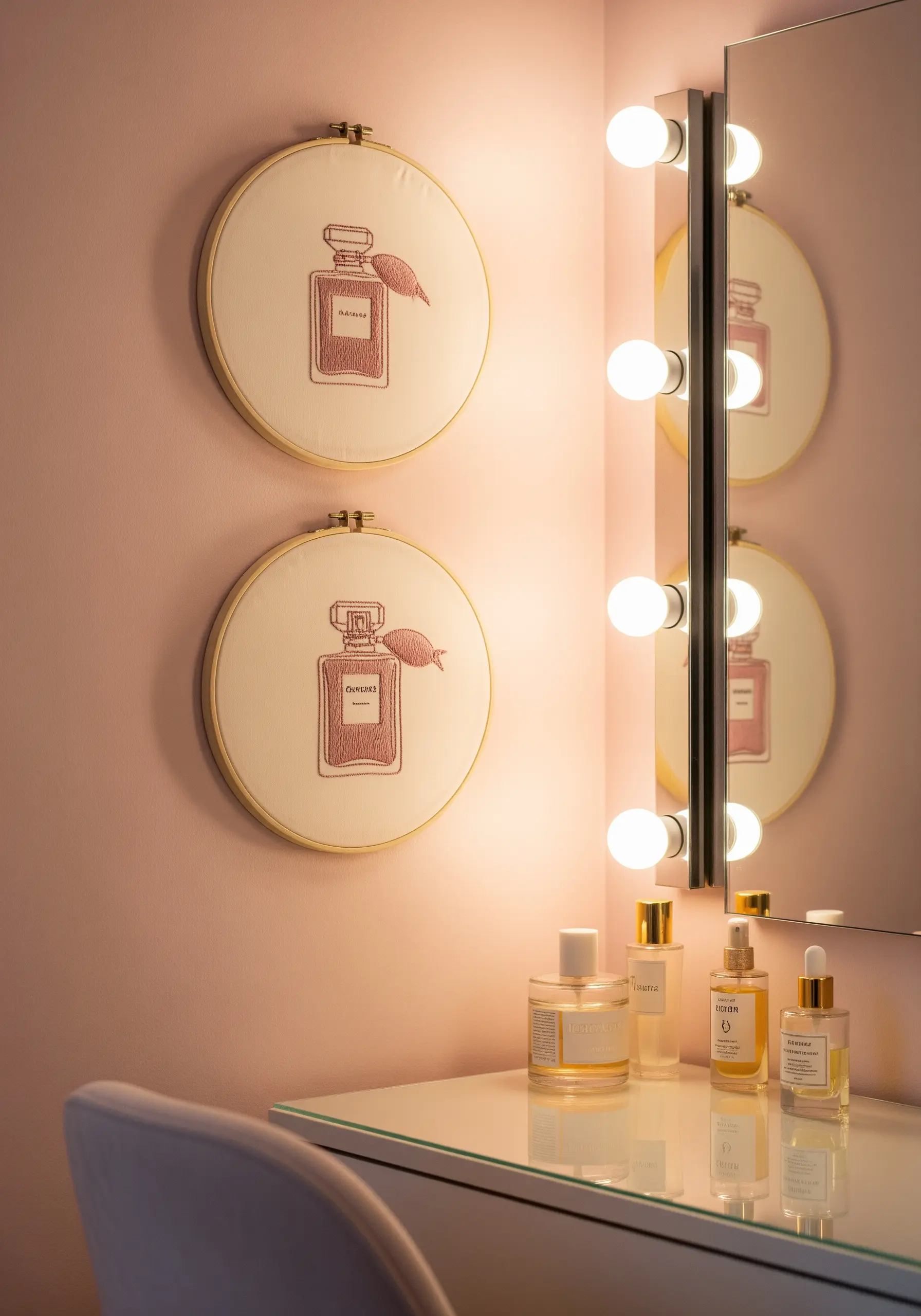Two embroidery hoops with perfume bottle outlines filled with pink seed stitches.