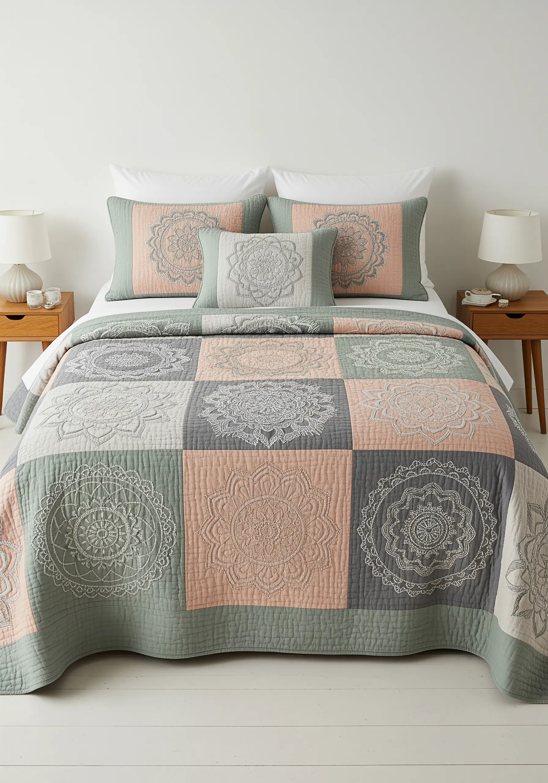 A patchwork quilt in muted greens and pinks, with each square featuring an embroidered mandala.