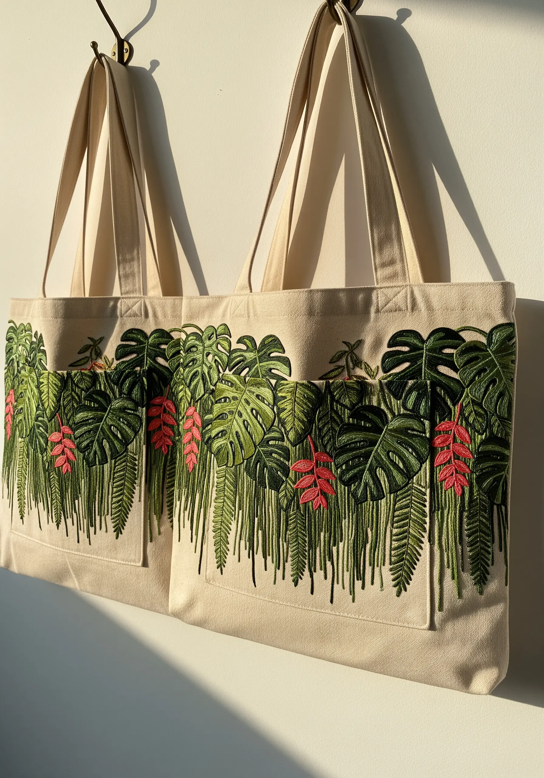 Tote bag with dense jungle leaf embroidery and long, dangling green threads.