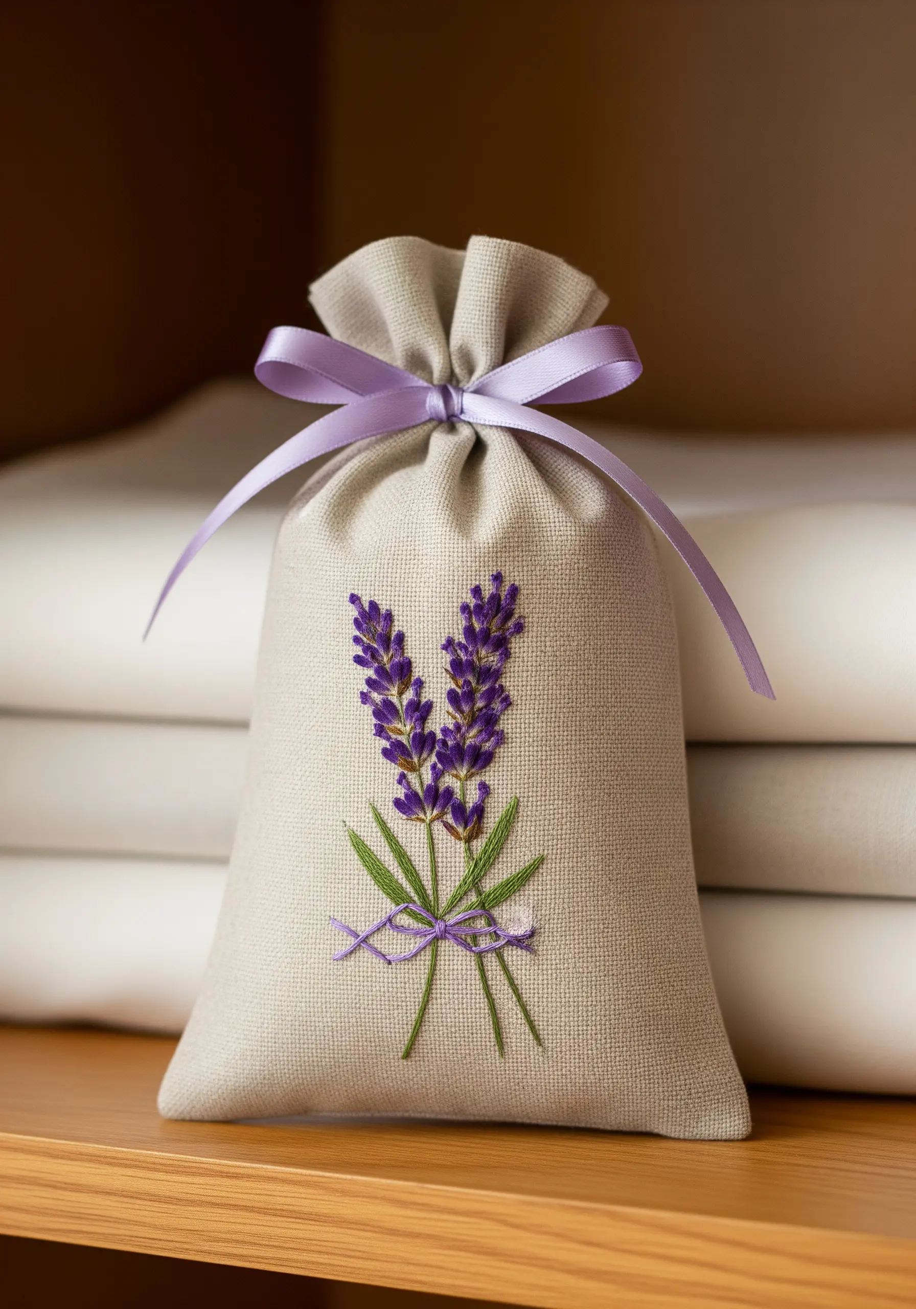 A small linen drawstring bag embroidered with two sprigs of lavender.