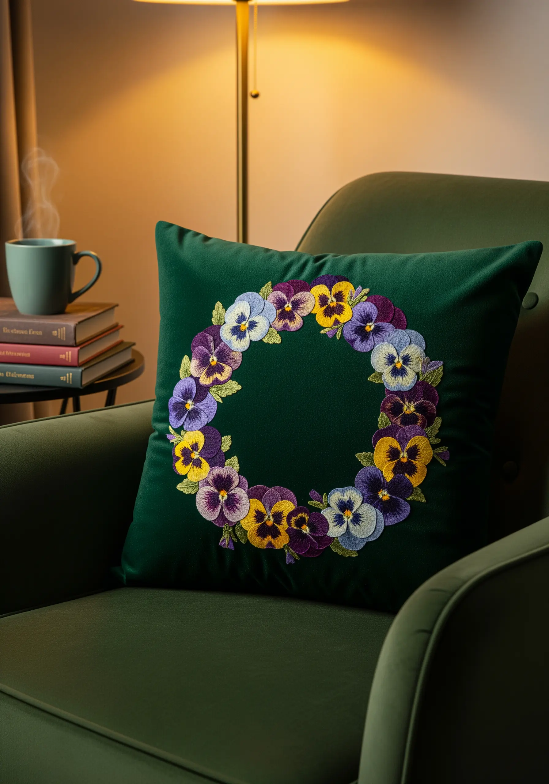 Pansy wreath embroidered on a dark green velvet cushion using a thread painting technique.
