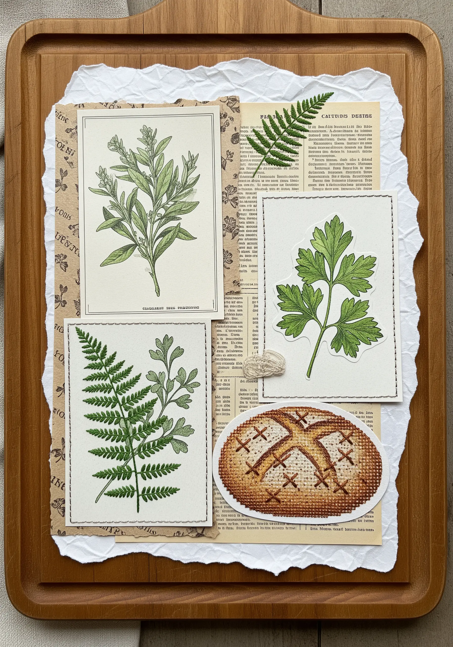A food-themed collage featuring a cross-stitched piece of bread among botanical prints.