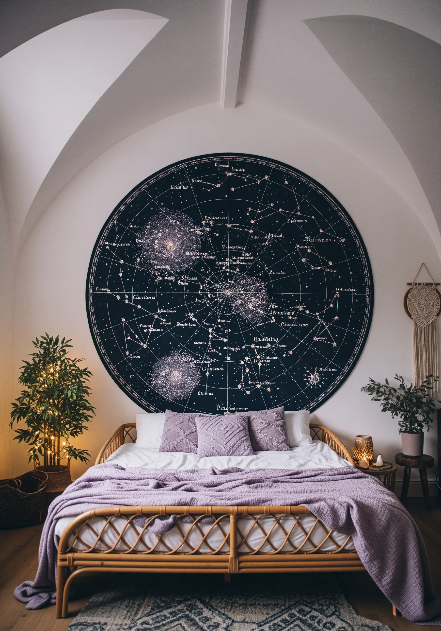 A large, circular celestial map tapestry hanging over a bed, with embroidered star details.