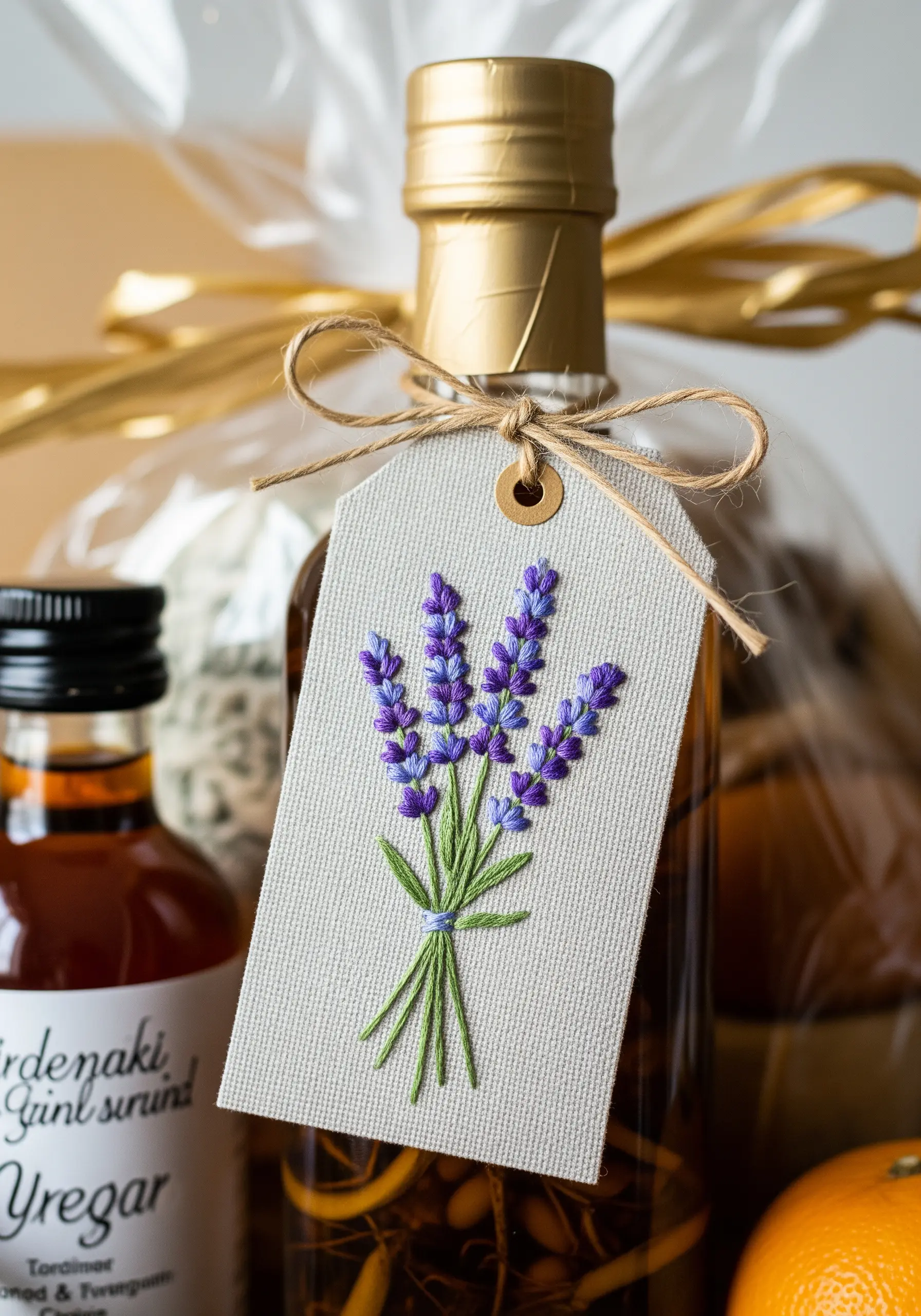 A small bouquet of embroidered lavender with textured French knots on a fabric gift tag.