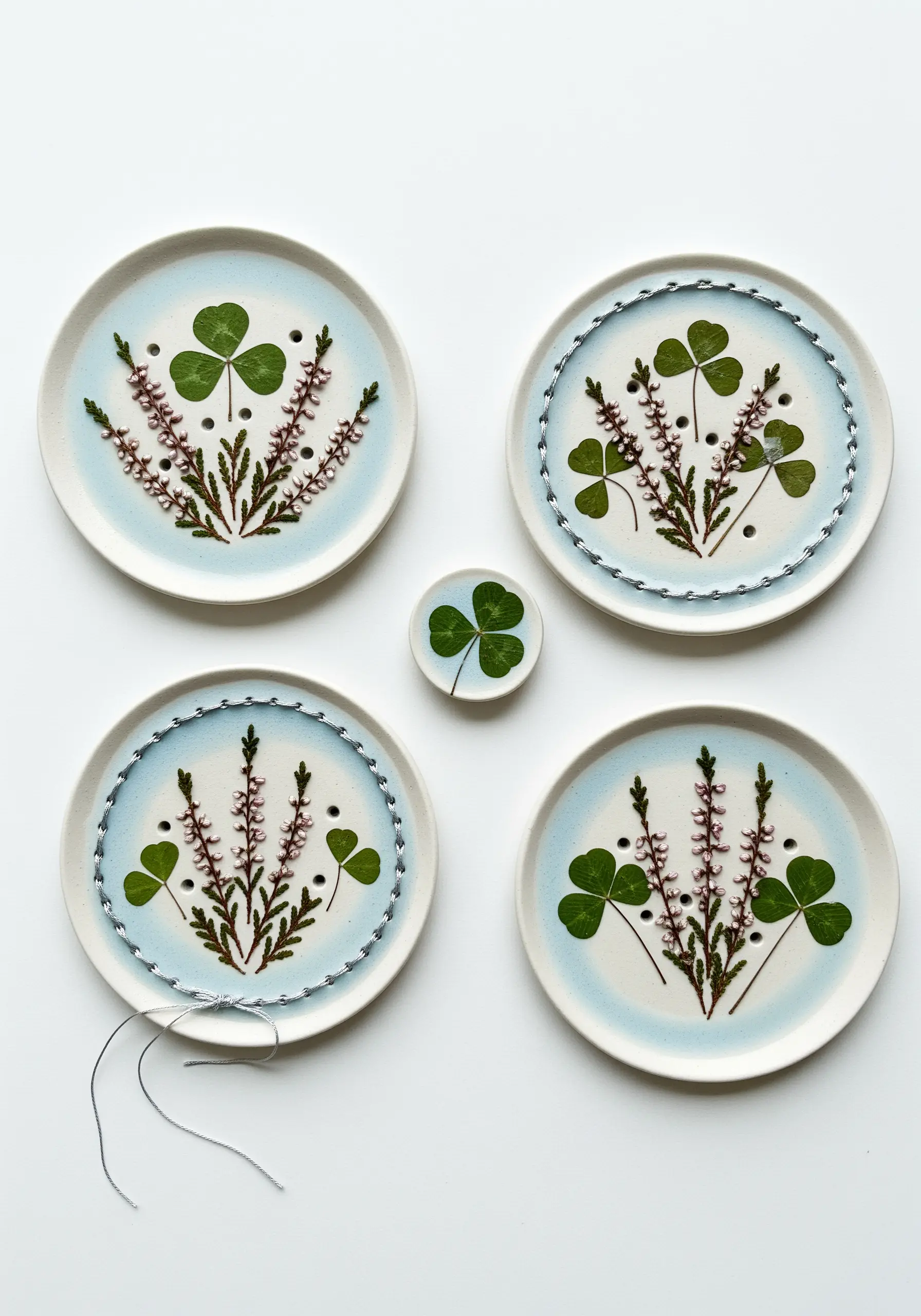 Small ceramic dishes decorated with pressed clover, heather, and thread details.