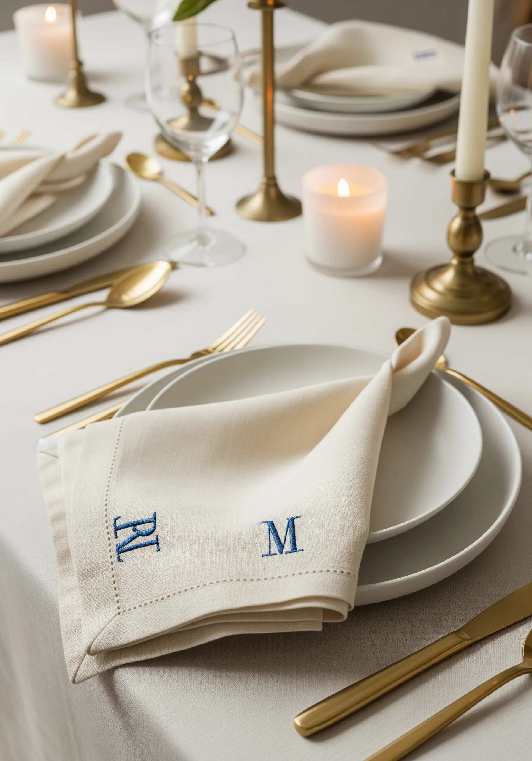 A folded linen napkin with two classic blue monogrammed letters, 'R' and 'M'.