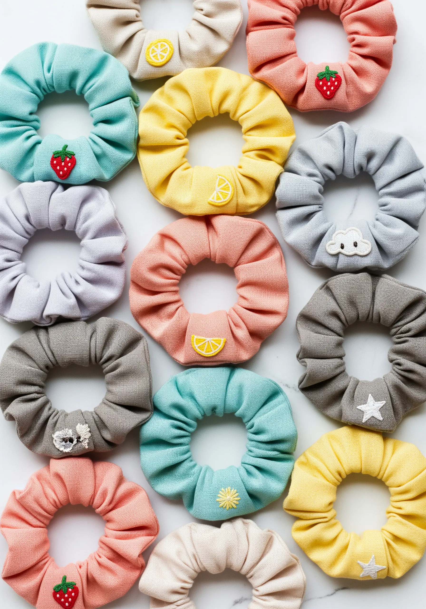 A collection of pastel-colored scrunchies, each with a tiny embroidered icon.