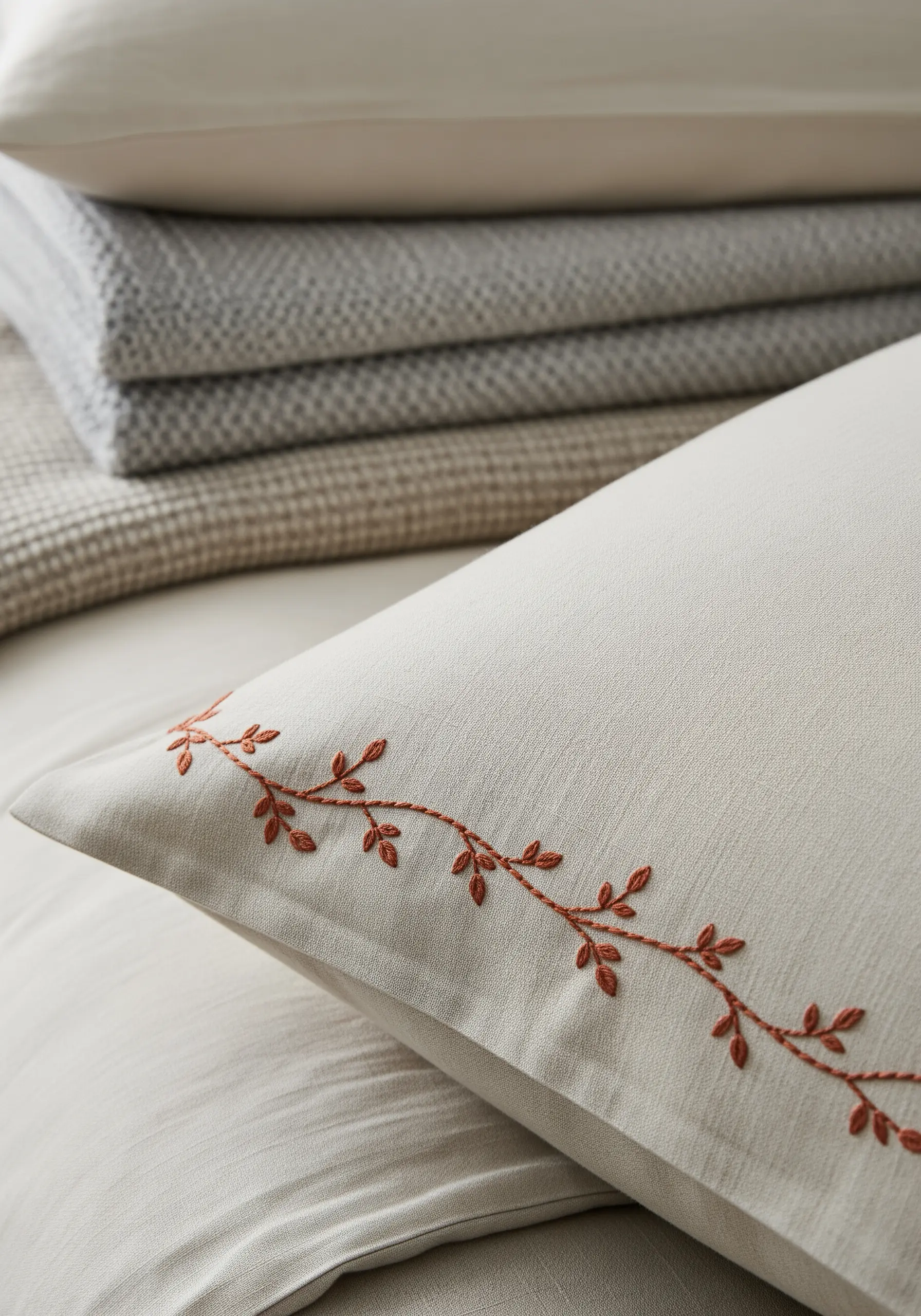 A warm terracotta-colored embroidered vine trailing along the seam of a neutral beige pillowcase.