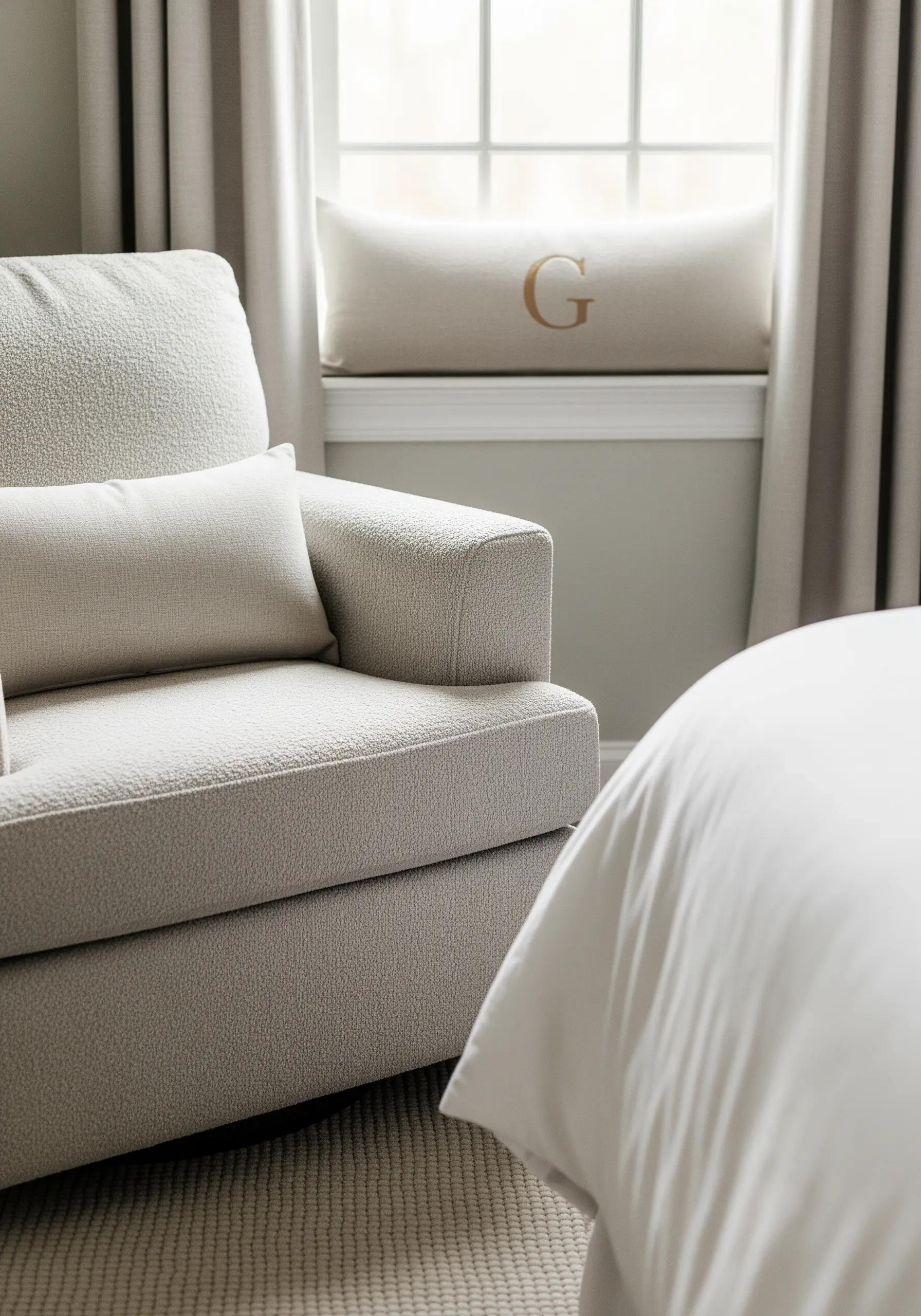 A single initial 'G' embroidered in a warm gold thread on a textured bouclé pillow.