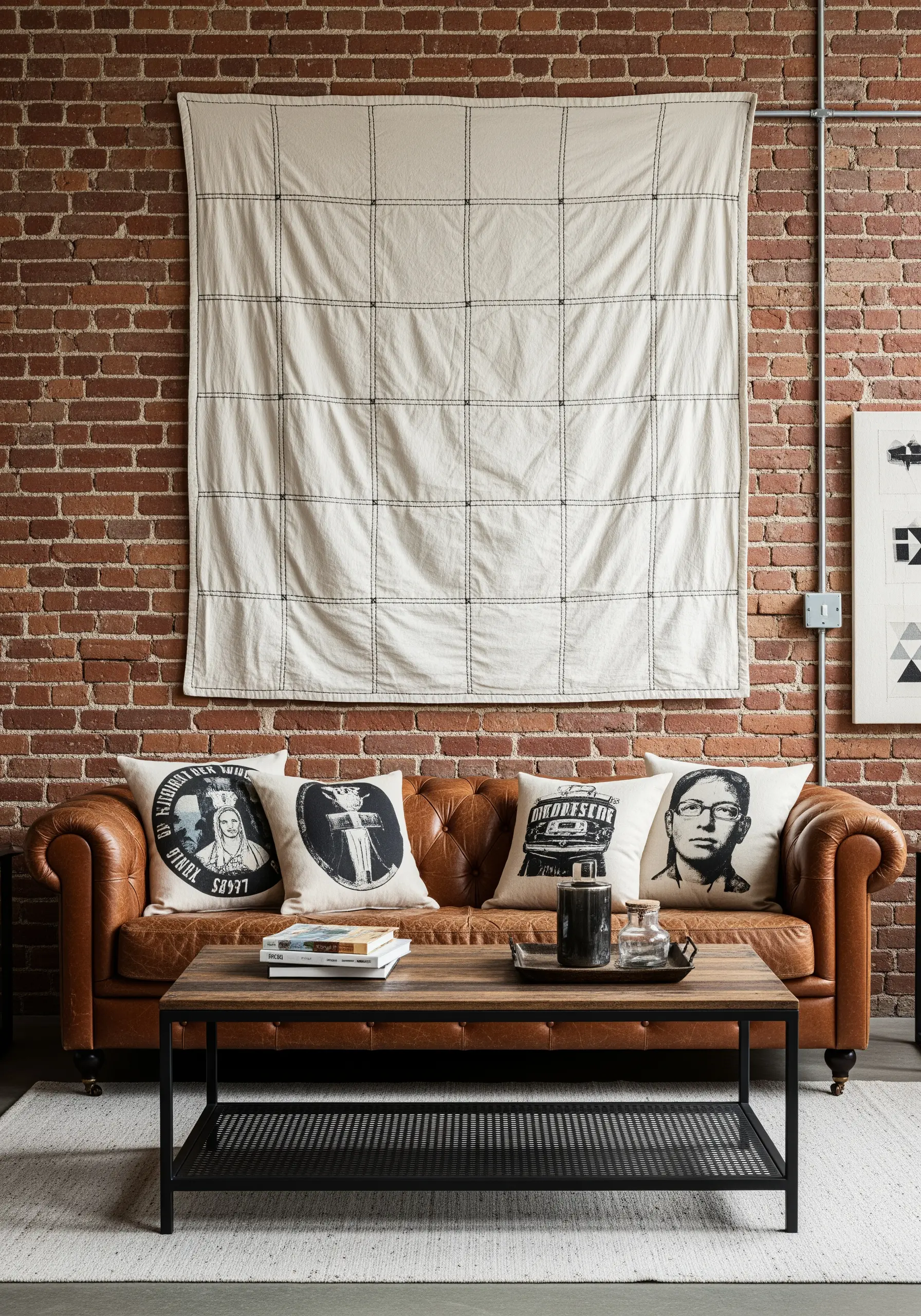 A large, hand-stitched quilt-style wall hanging with a simple black grid on cream fabric.