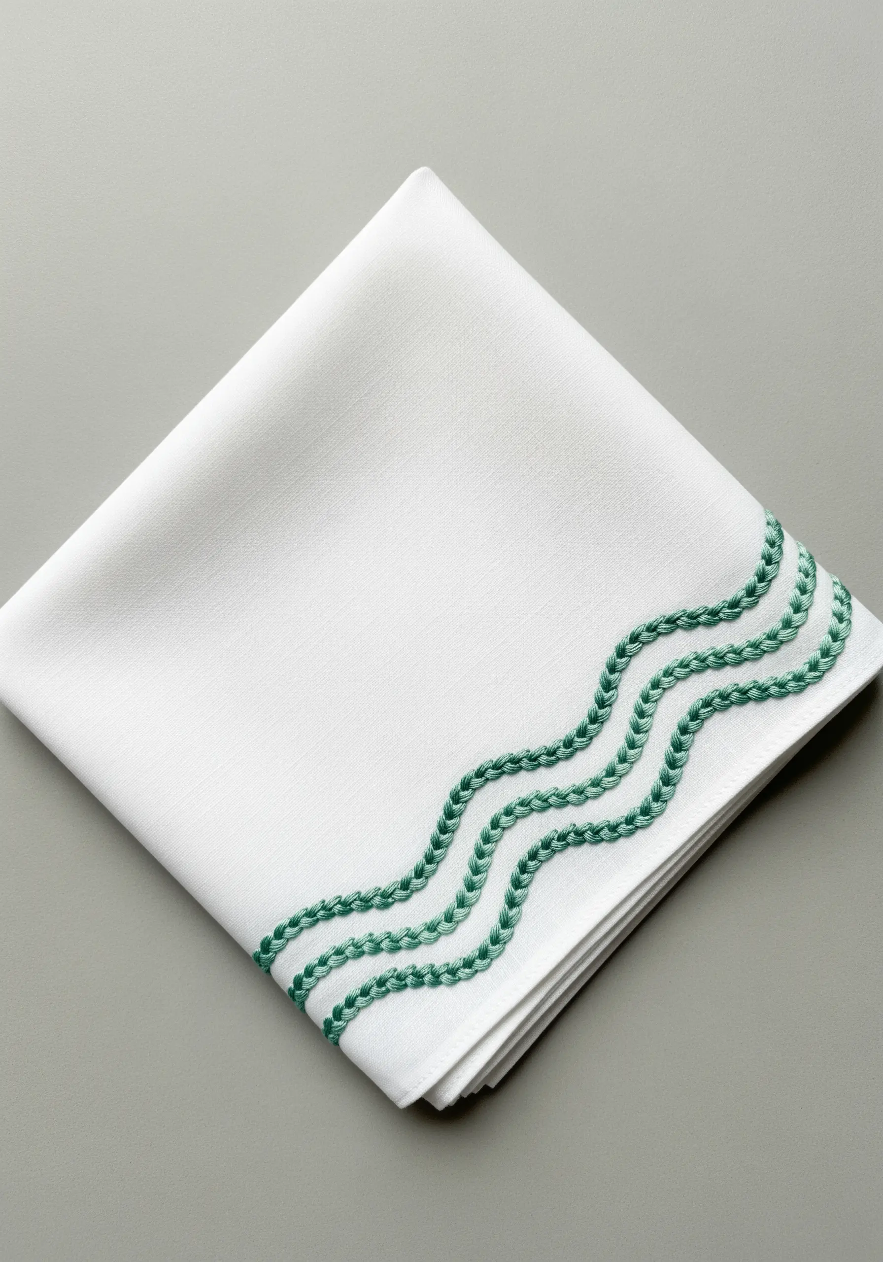 A decorative border of three wavy lines of green braided chain stitch on a white handkerchief.