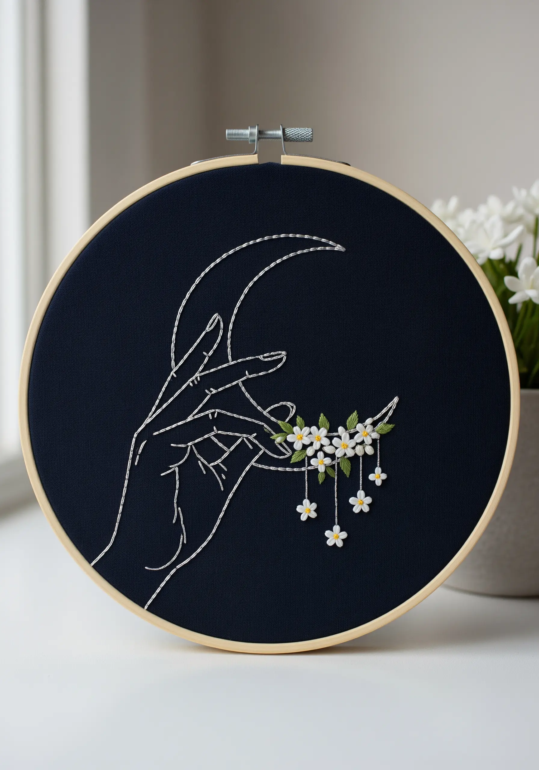 Line art hand holding a crescent moon with 3D detached chain stitch daisies hanging from it.