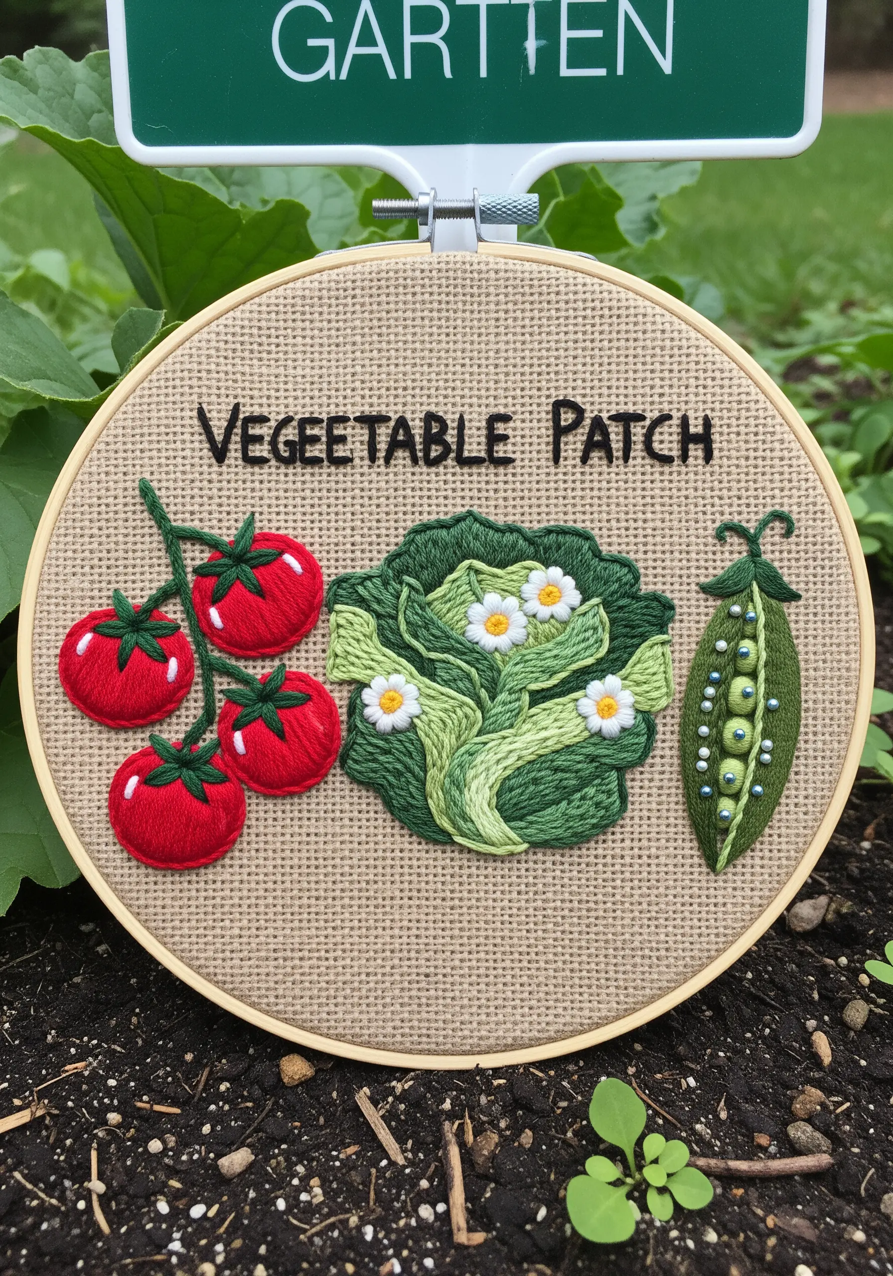 A whimsical vegetable patch embroidery with beaded peas and textured cabbage on burlap.
