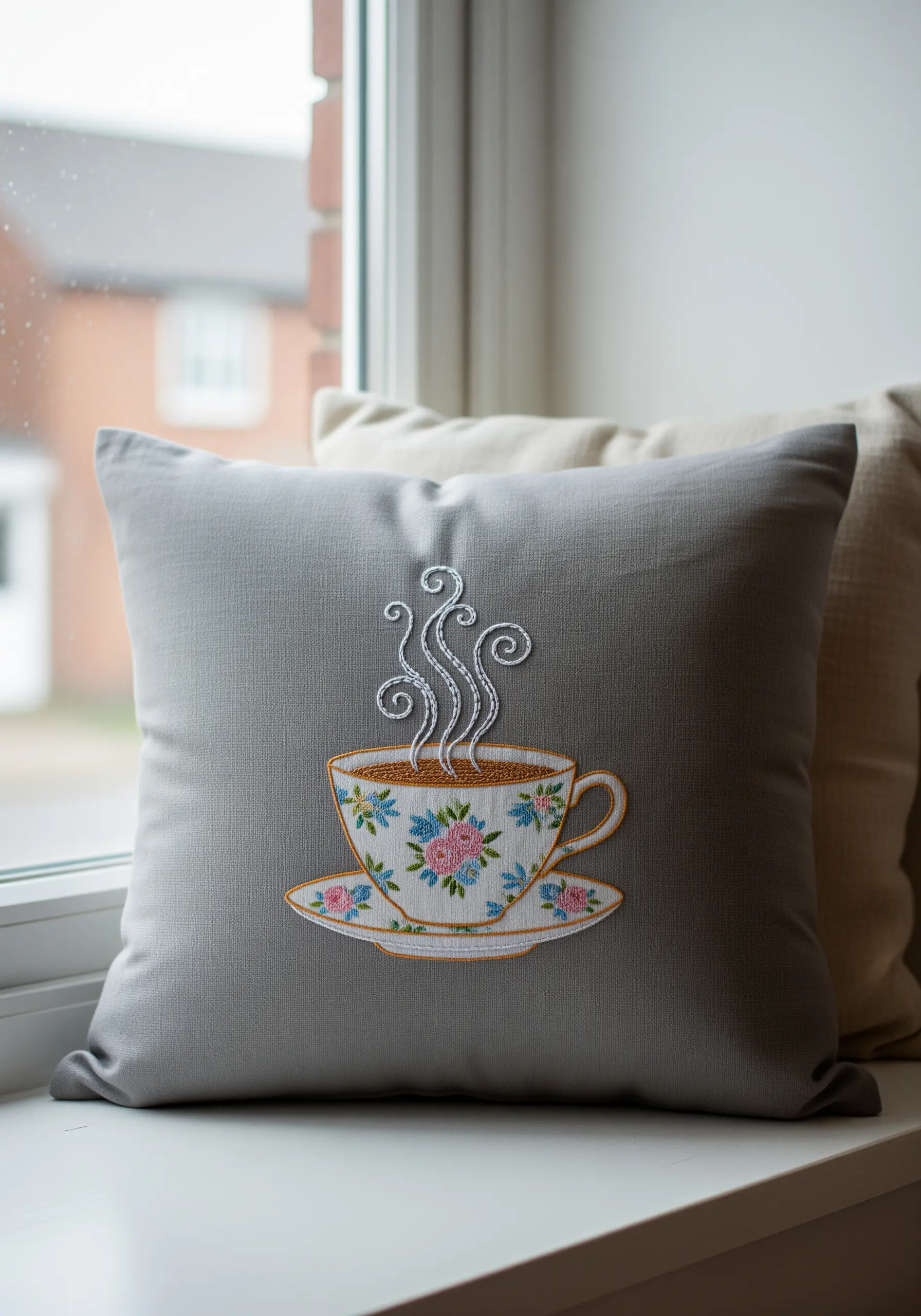 A grey cushion embroidered with a floral teacup and whimsical steam swirls