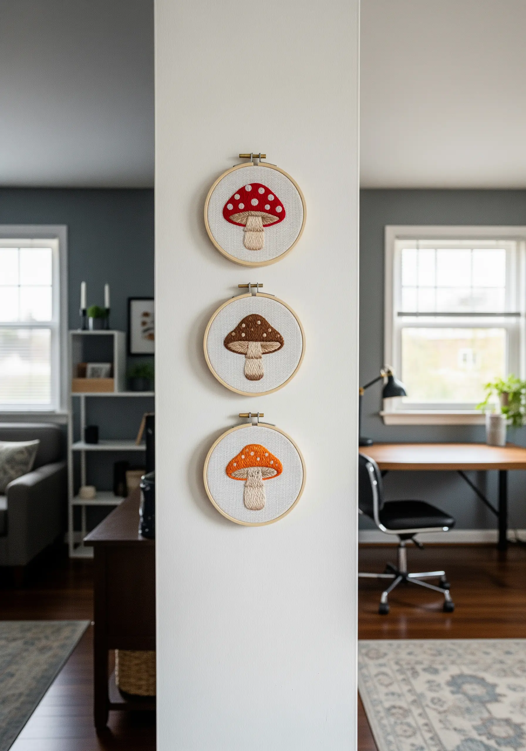 A vertical display of three embroidered mushrooms in red, brown, and orange.