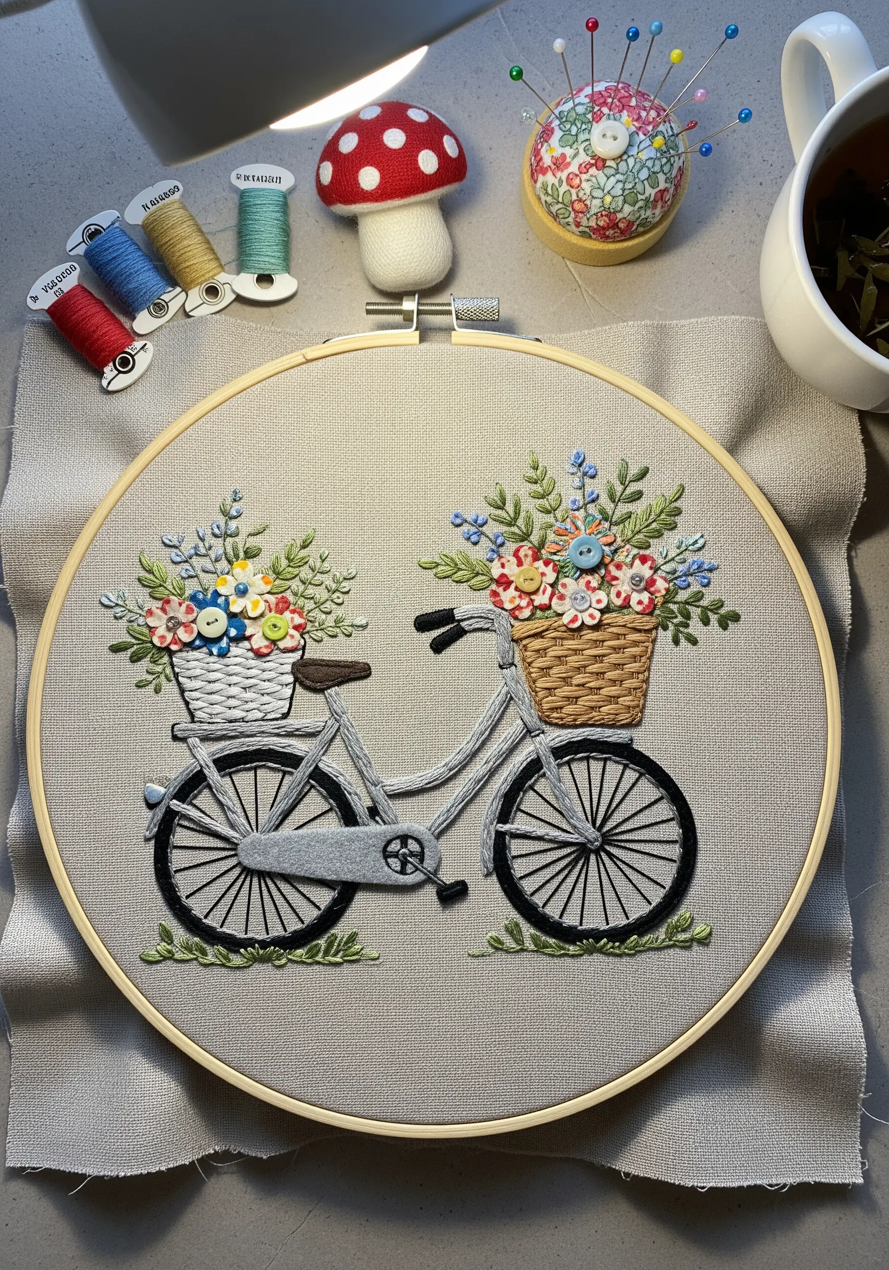 Embroidered bicycle with baskets filled with colorful buttons representing flowers.