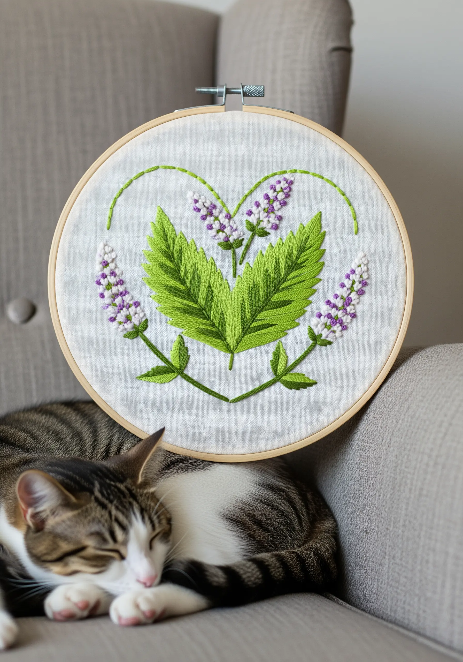 Two catnip sprigs embroidered to form a heart shape on light fabric.