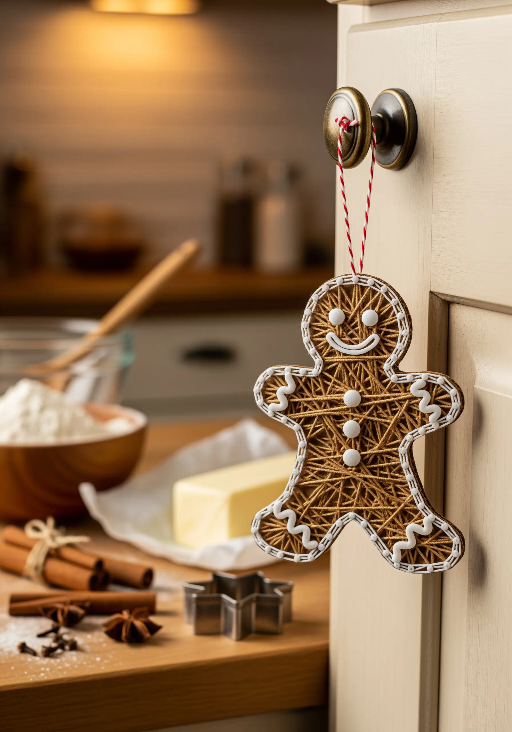 A string art gingerbread man ornament hanging from a kitchen cabinet.