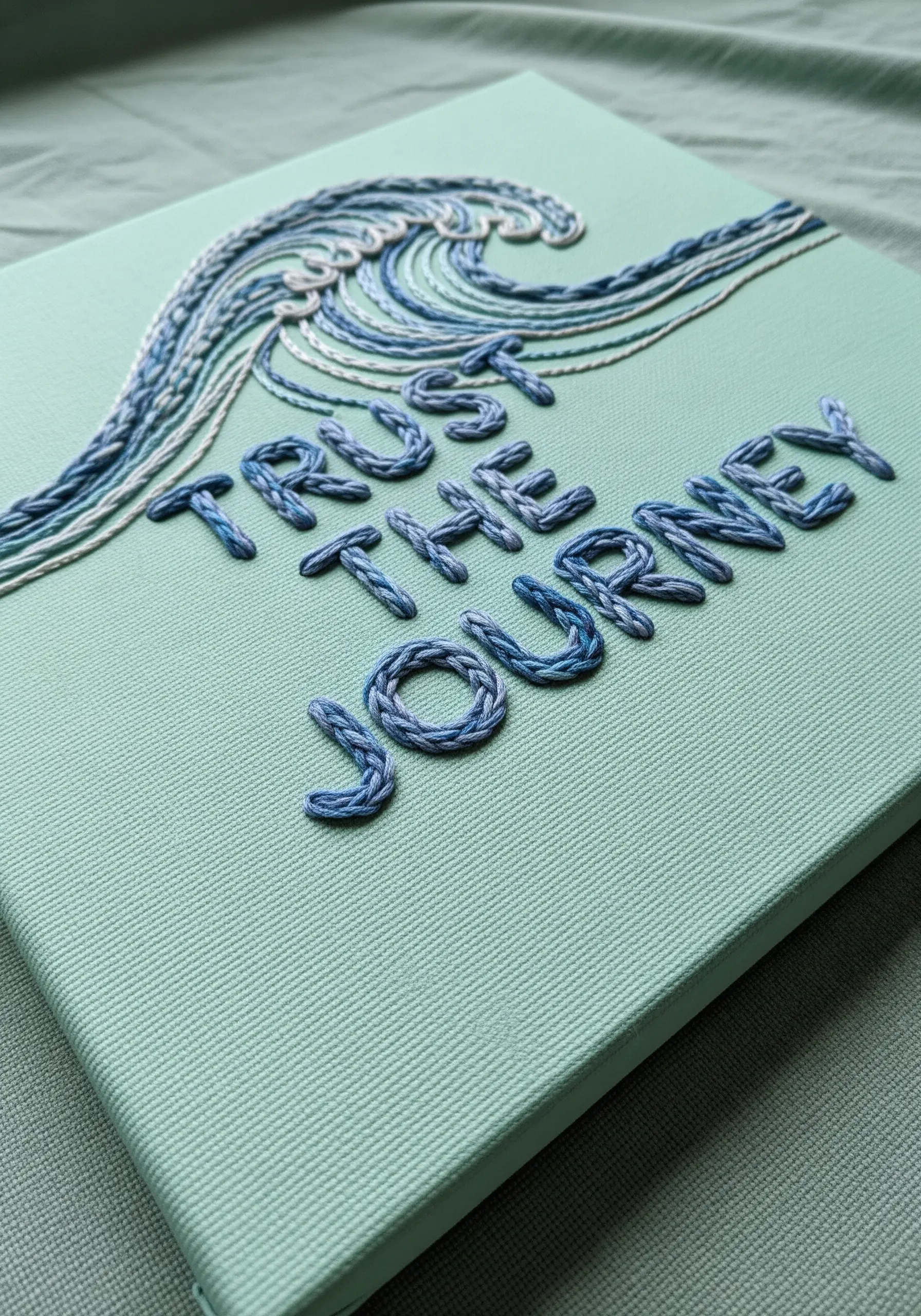 “Trust the journey” quote with a stylized wave embroidered using layered threads on canvas.