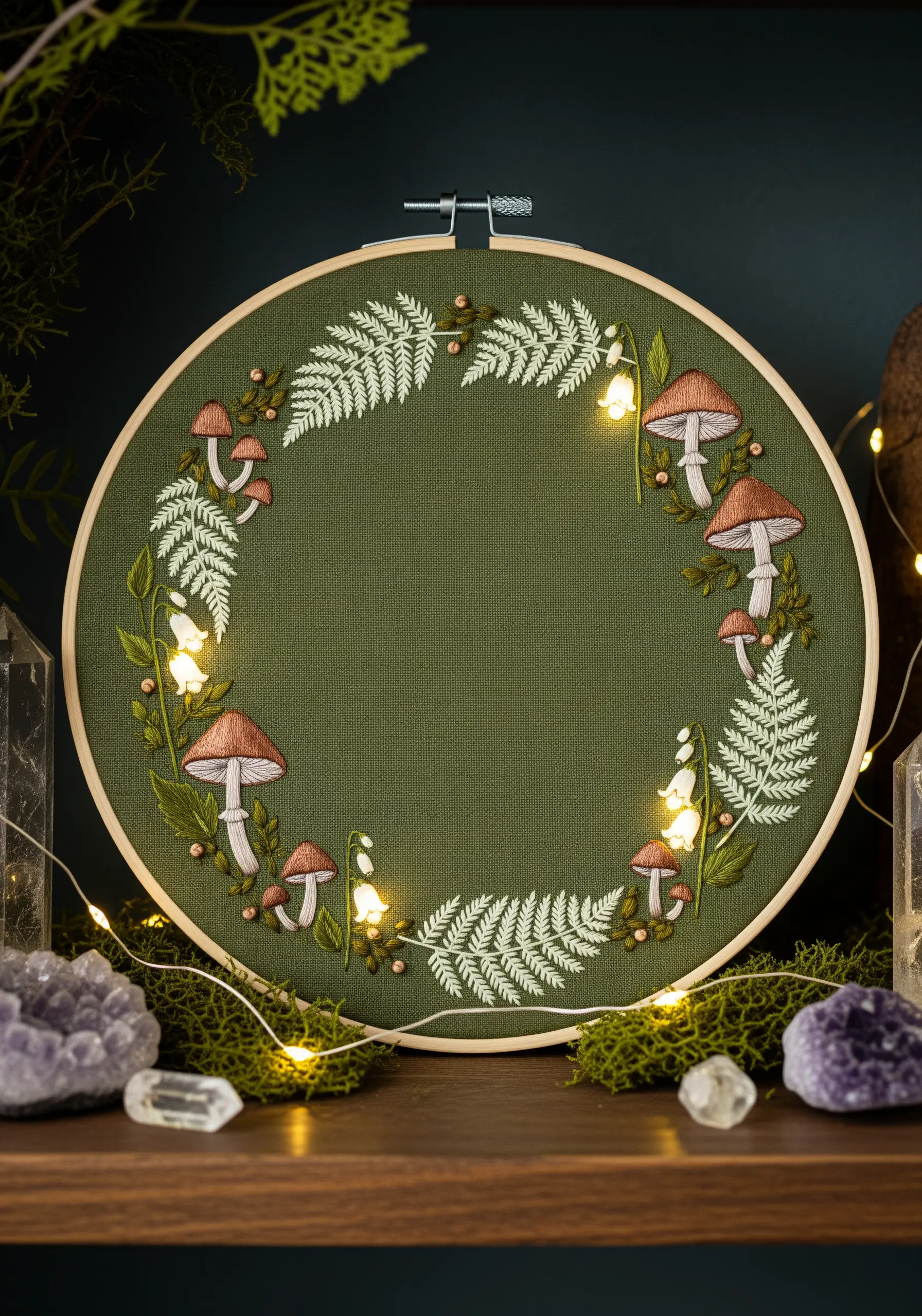 An embroidered woodland wreath with mushrooms and ferns, with tiny LED fairy lights glowing inside.