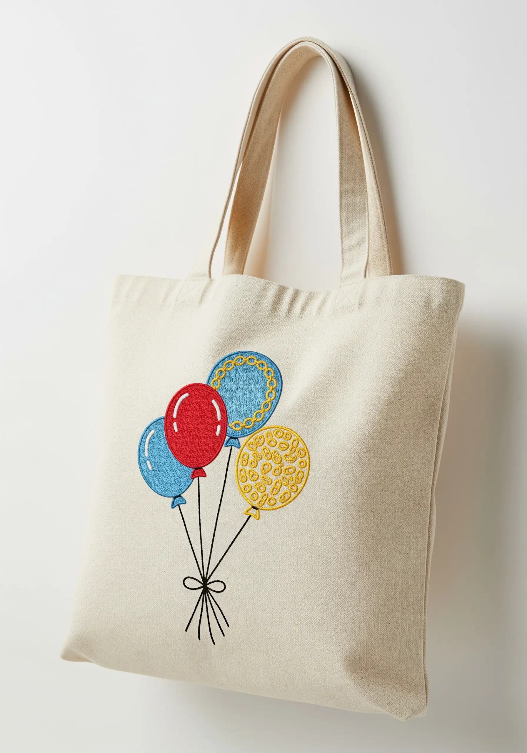 A bunch of four colorful balloons, each decorated with a unique stitched pattern.