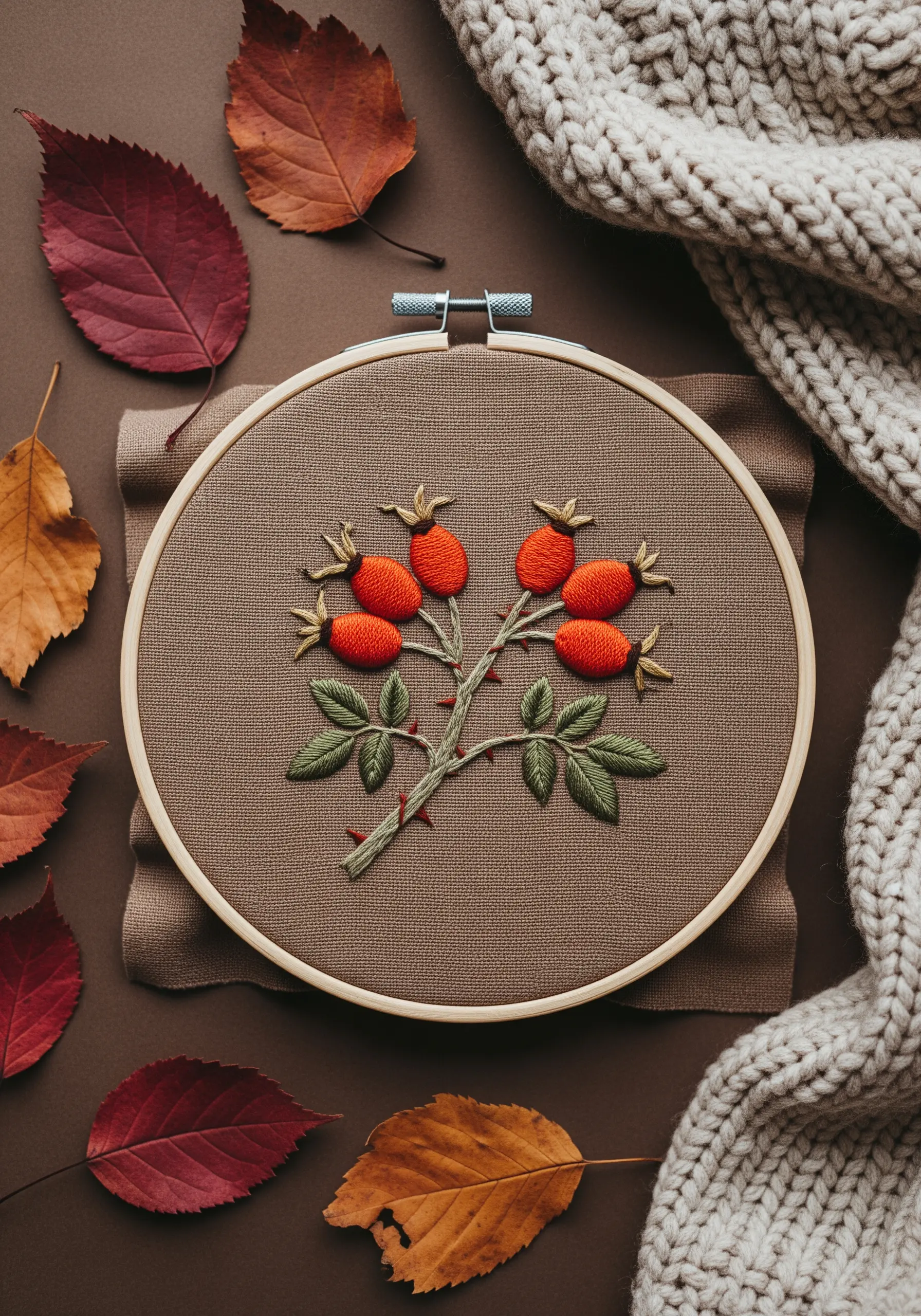 Embroidered rosehips with padded satin stitch on a brown fabric background.