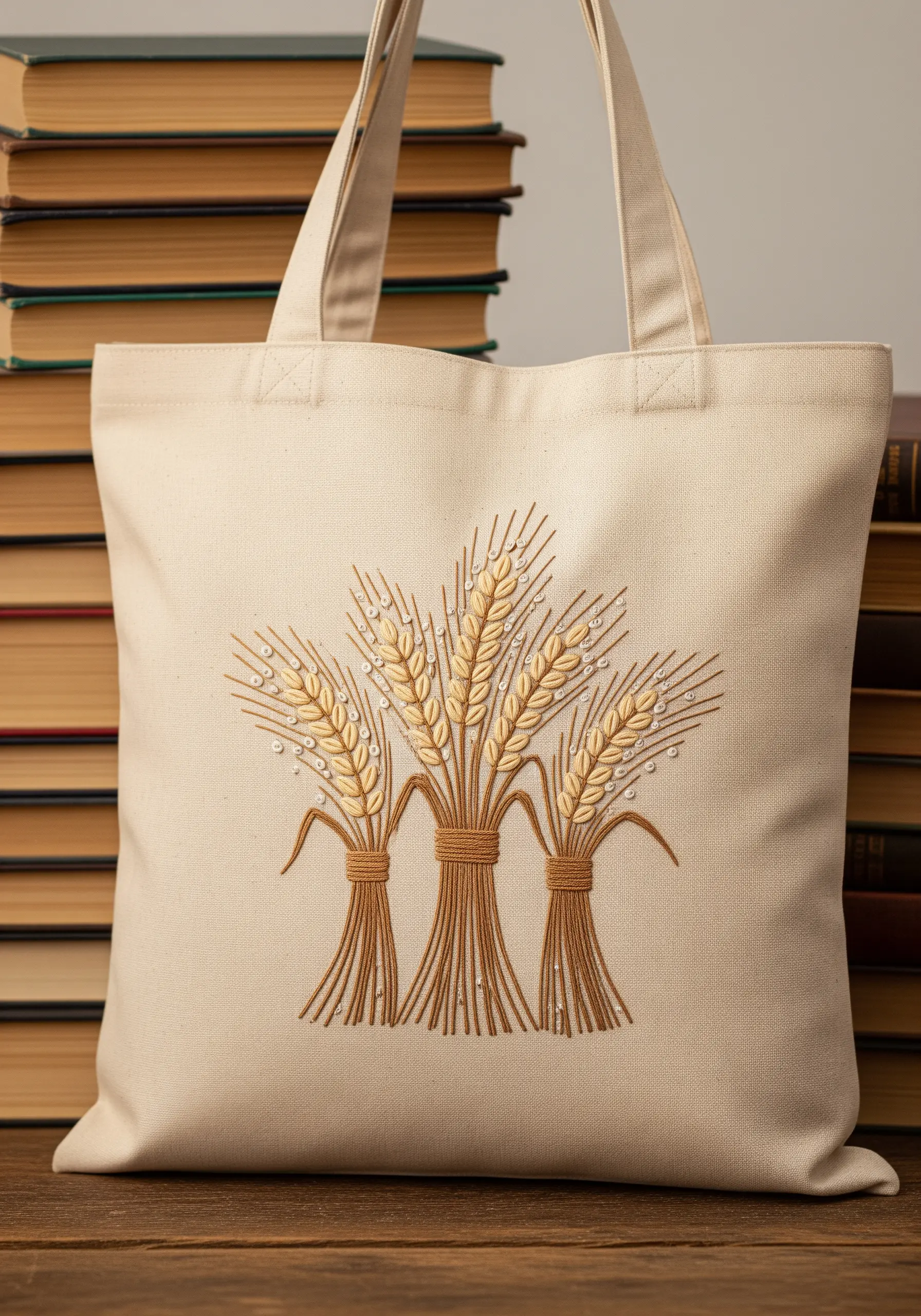 Embroidered wheat sheaves on a canvas tote, embellished with tiny clear seed beads.