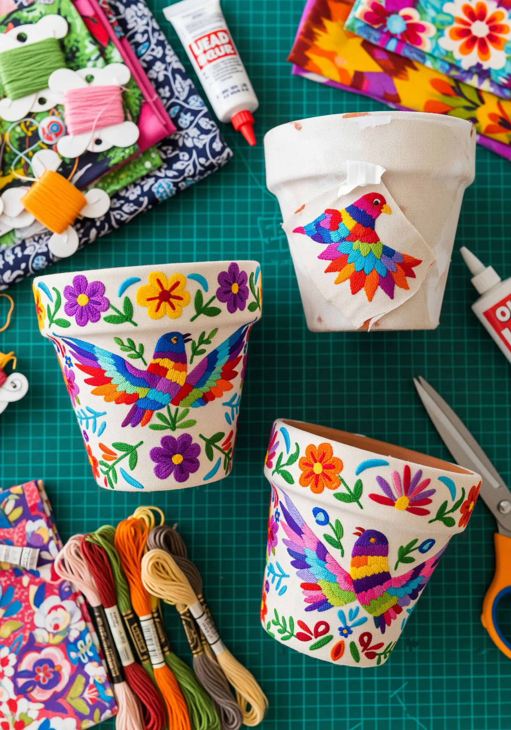 Terracotta pots decorated with colorful, folk-art style embroidered fabric.
