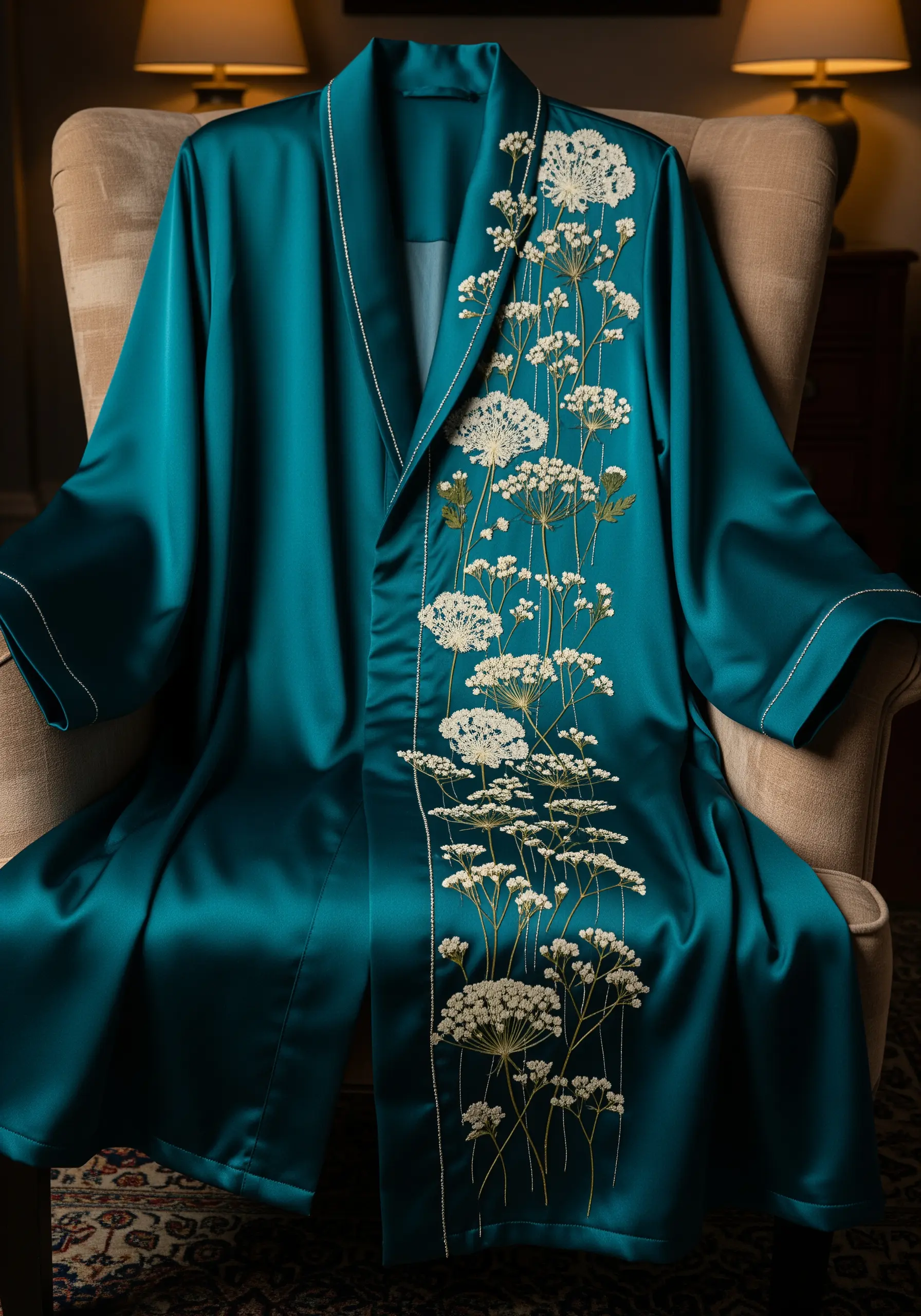 A teal silk robe with pressed Queen Anne's Lace embroidered down the lapel.